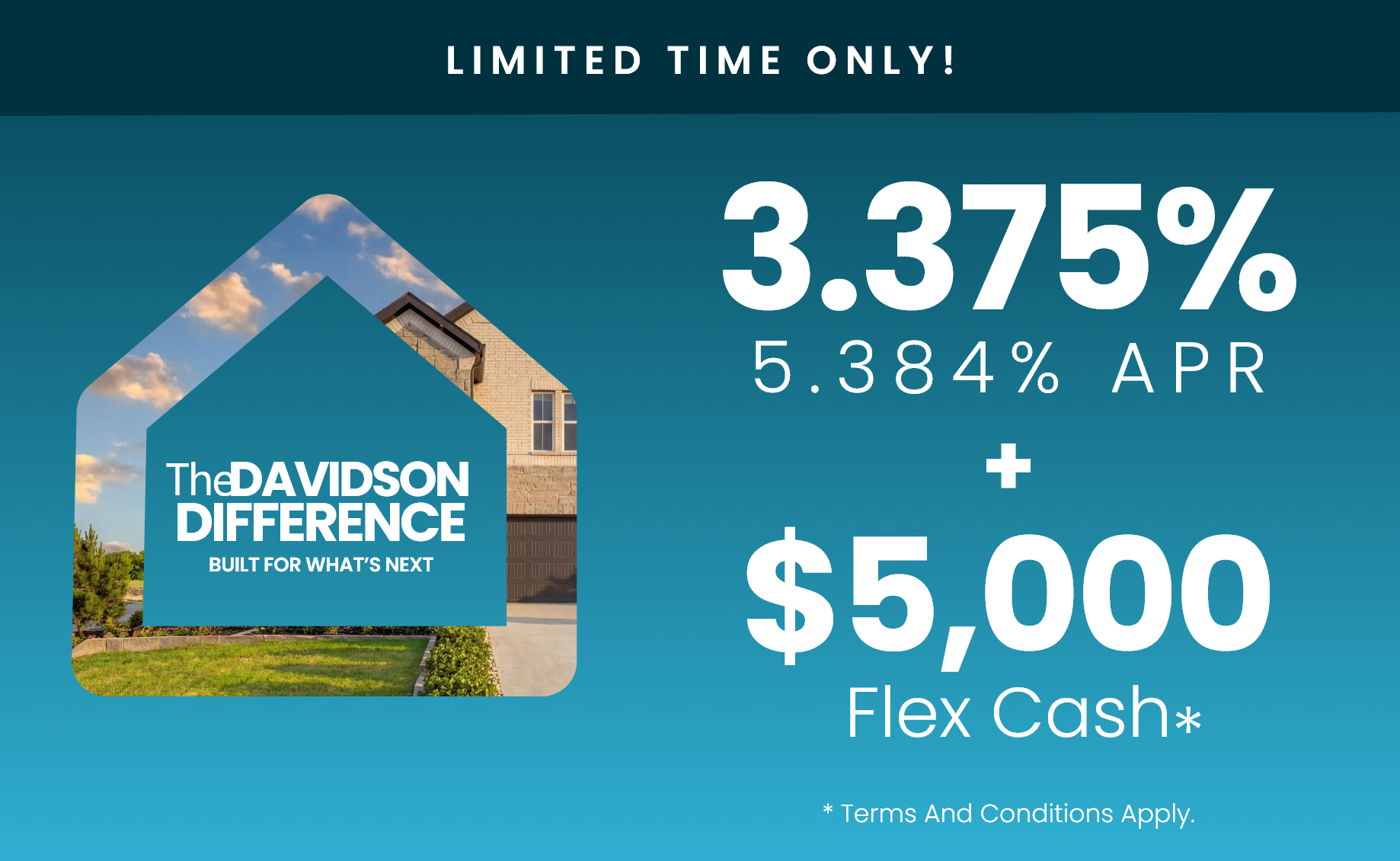 San Antonio new home promotion offering 3.375% interest rates and $5,000 in Flex Cash incentives from The Davidson Homes.