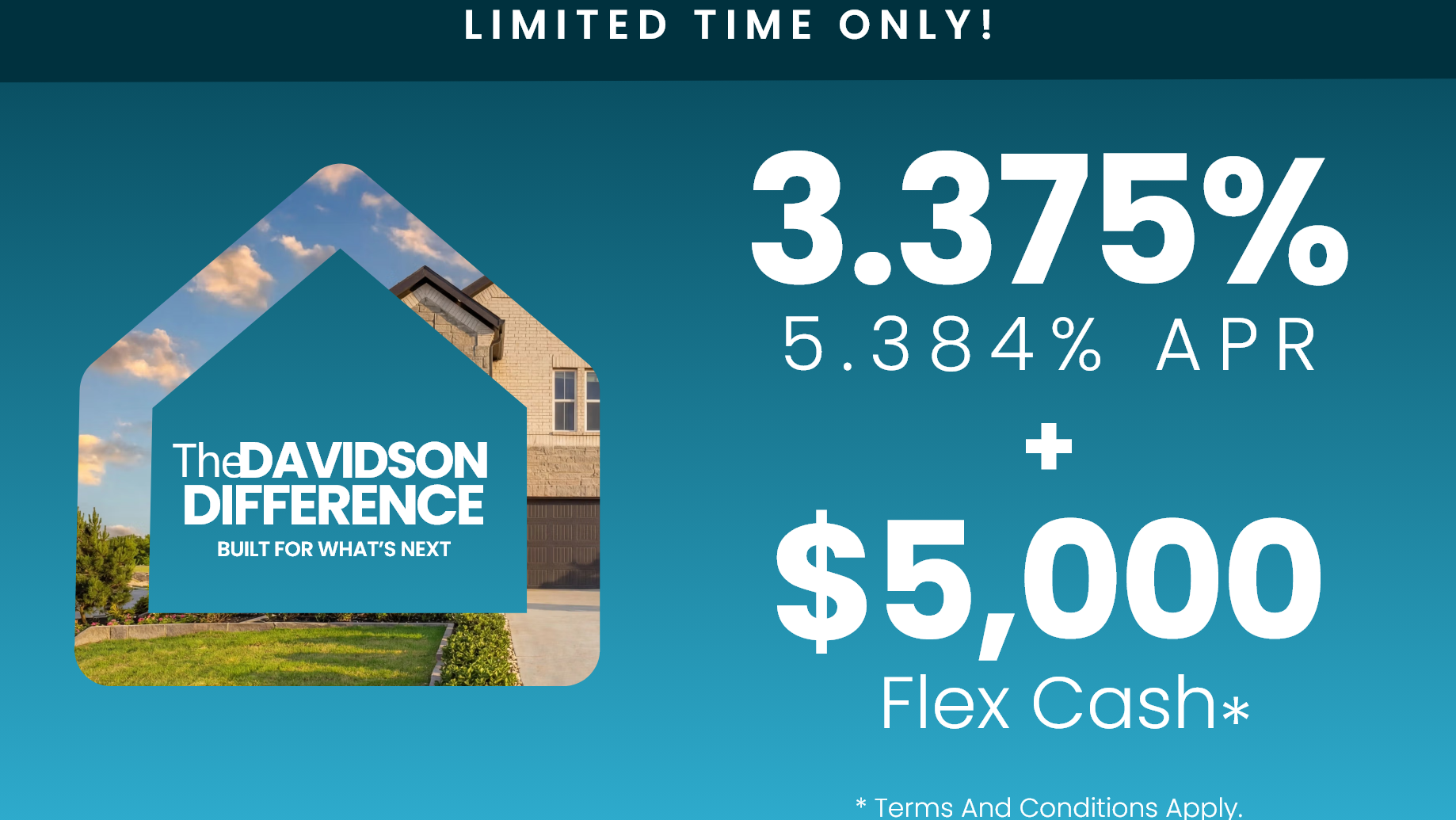 San Antonio new home promotion offering 3.375% interest rates and $5,000 in Flex Cash incentives from The Davidson Homes.