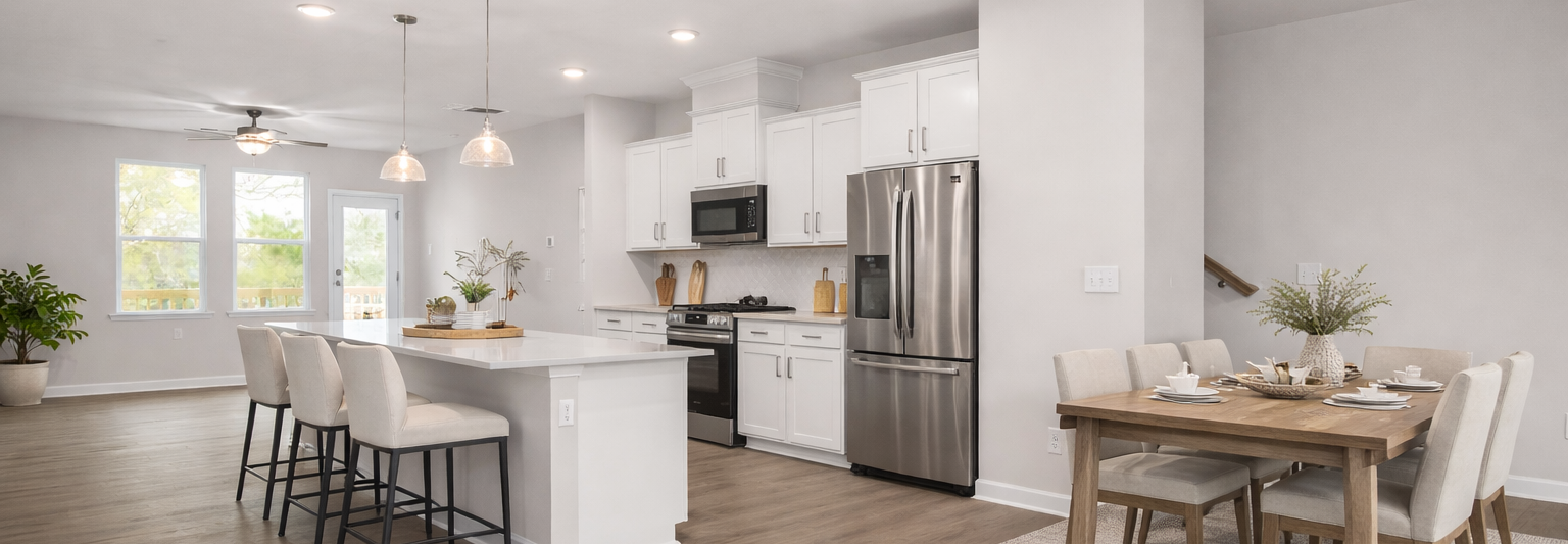 Modern kitchen at Forestville Yard Townhomes in Knightdale NC featuring white cabinets, stainless steel gas range, and herringbone tile backsplash