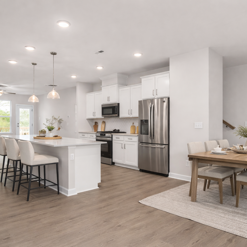 Modern kitchen at Forestville Yard Townhomes in Knightdale NC featuring white cabinets, stainless steel gas range, and herringbone tile backsplash