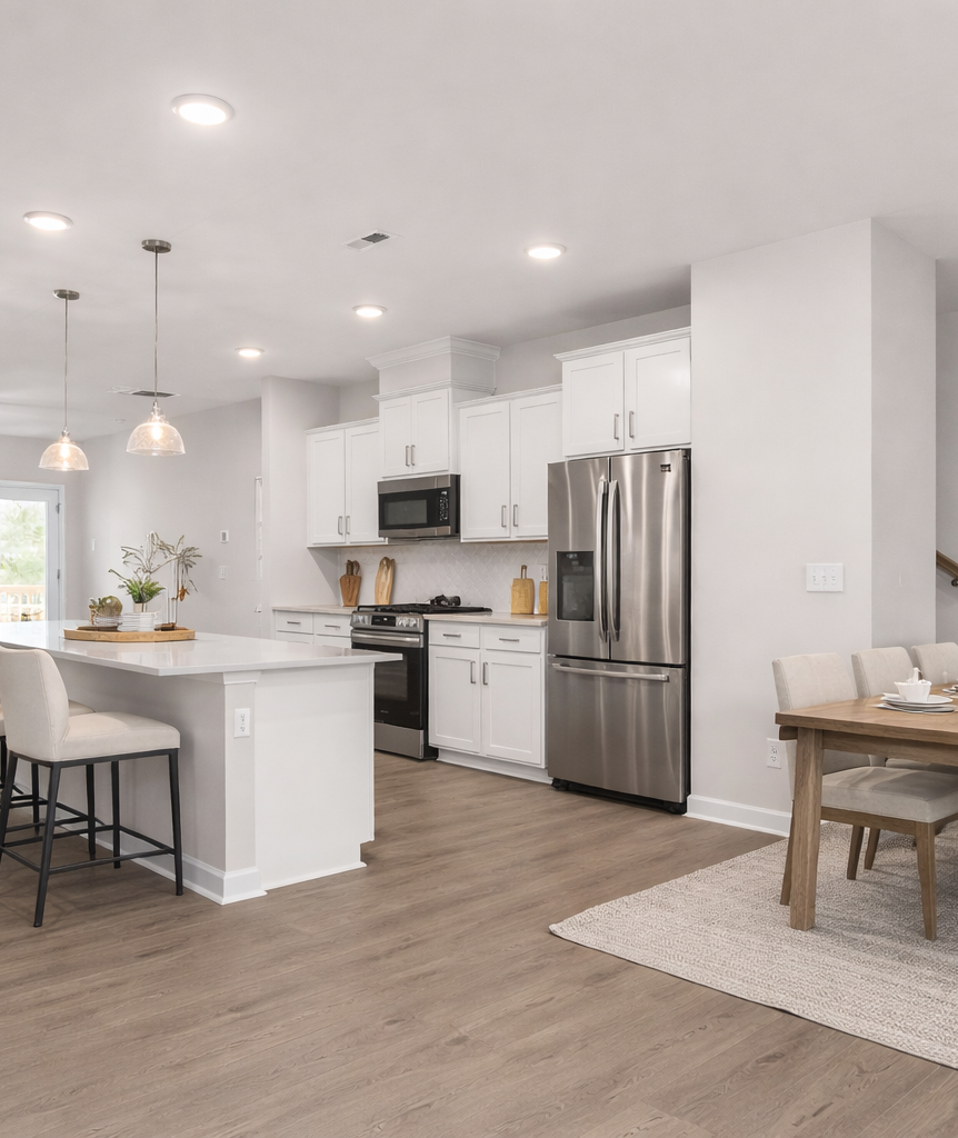 Modern kitchen at Forestville Yard Townhomes in Knightdale NC featuring white cabinets, stainless steel gas range, and herringbone tile backsplash