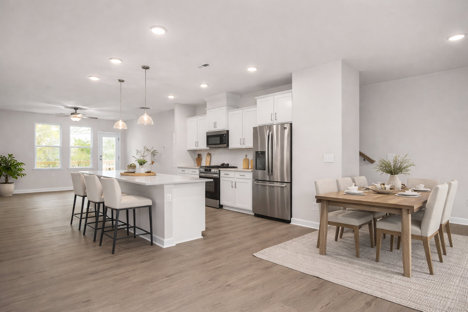 Modern kitchen at Forestville Yard Townhomes in Knightdale NC featuring white cabinets, stainless steel gas range, and herringbone tile backsplash