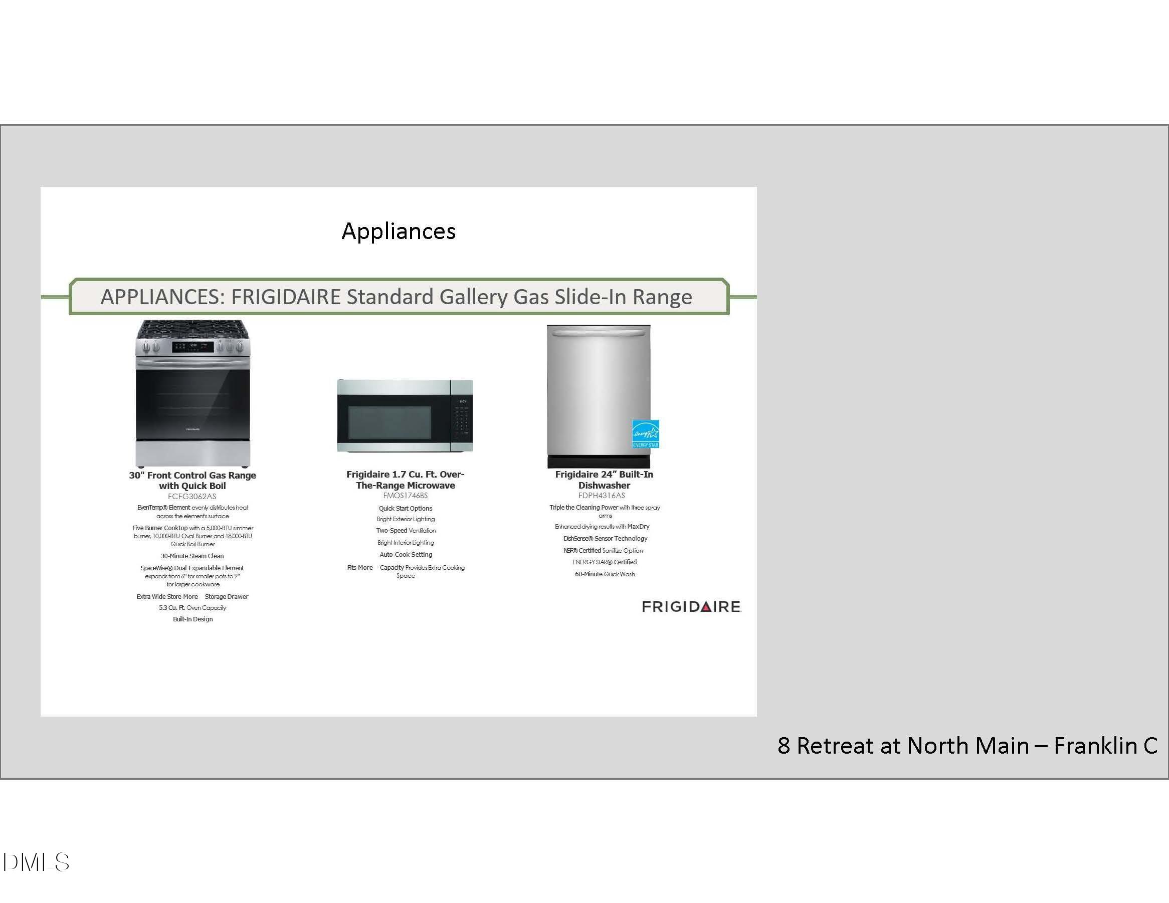 Frigidaire Gallery gas range, microwave, and dishwasher included in The Franklin C floor plan at Retreat at North Main.