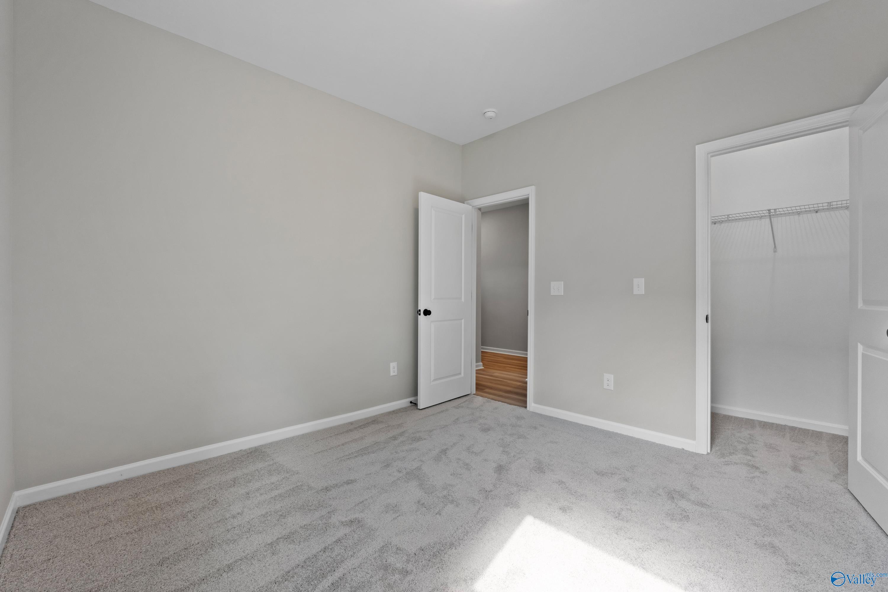 Neutral gray bedroom with plush carpet, walk-in closet, and adjacent room access in Davidson Homes The Phoenix, Fayetteville TN