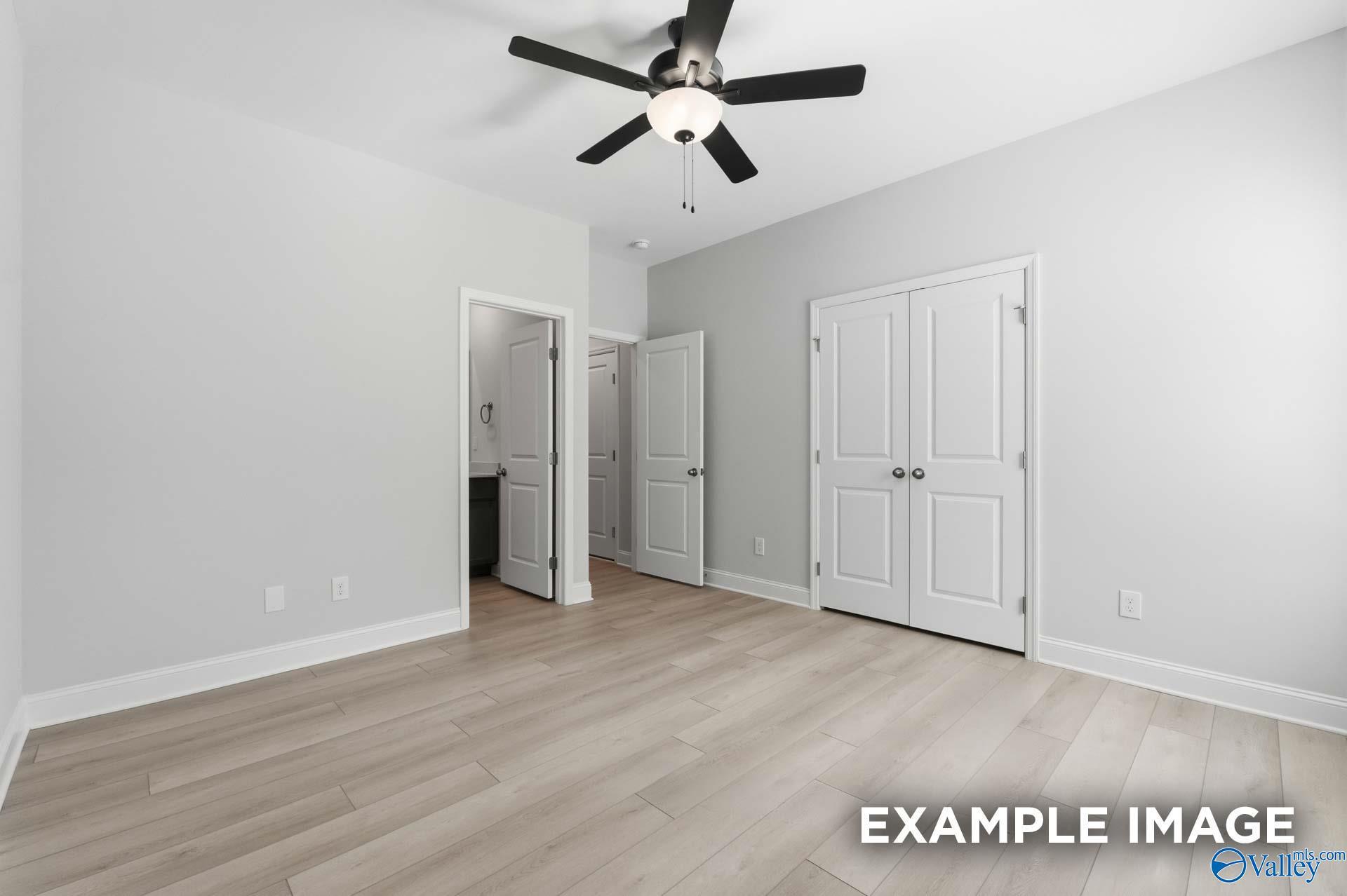 Spacious master bedroom with ceiling fan, light gray walls, wood floors, en-suite bath, and walk-in closet in Davidson Homes The Harrison C, Madison AL