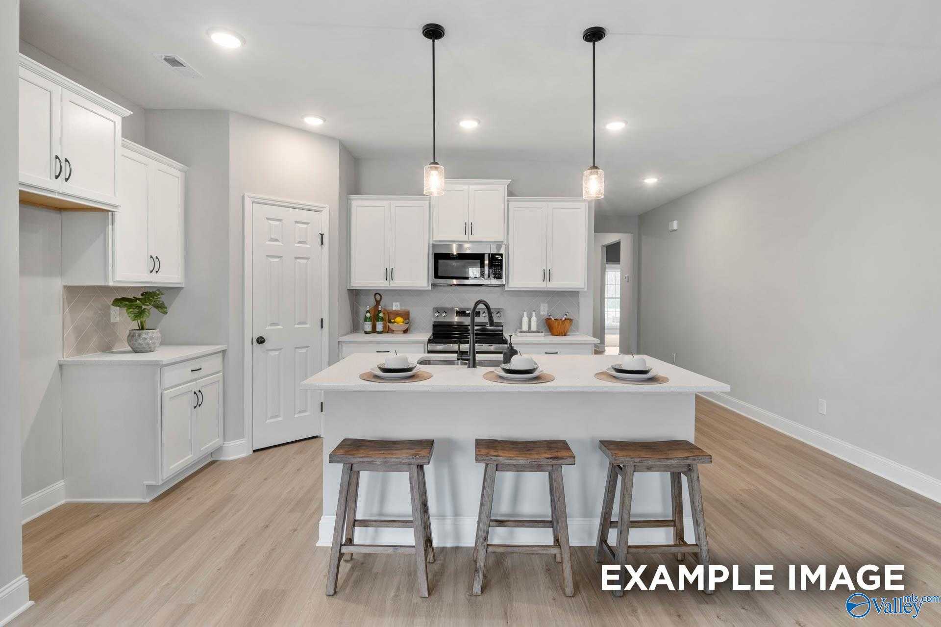 Modern open-concept kitchen with white cabinets, stainless appliances, and wood island stools in Davidson Homes The Daphne C, Owens Cross Roads, Alabama