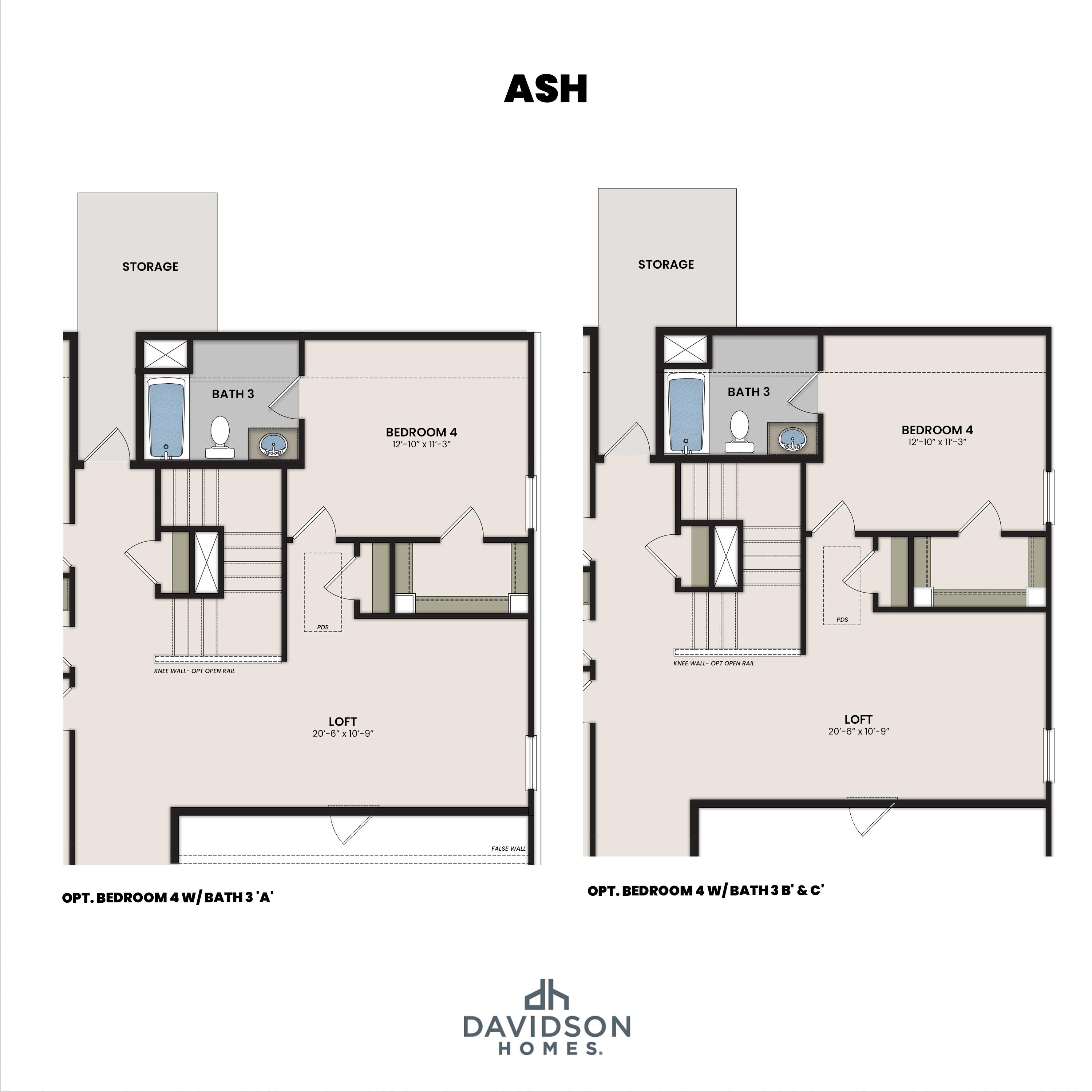 Second floor layout of The Ash by Davidson Homes featuring optional bedroom 4, loft space, and bathroom 3 configurations.
