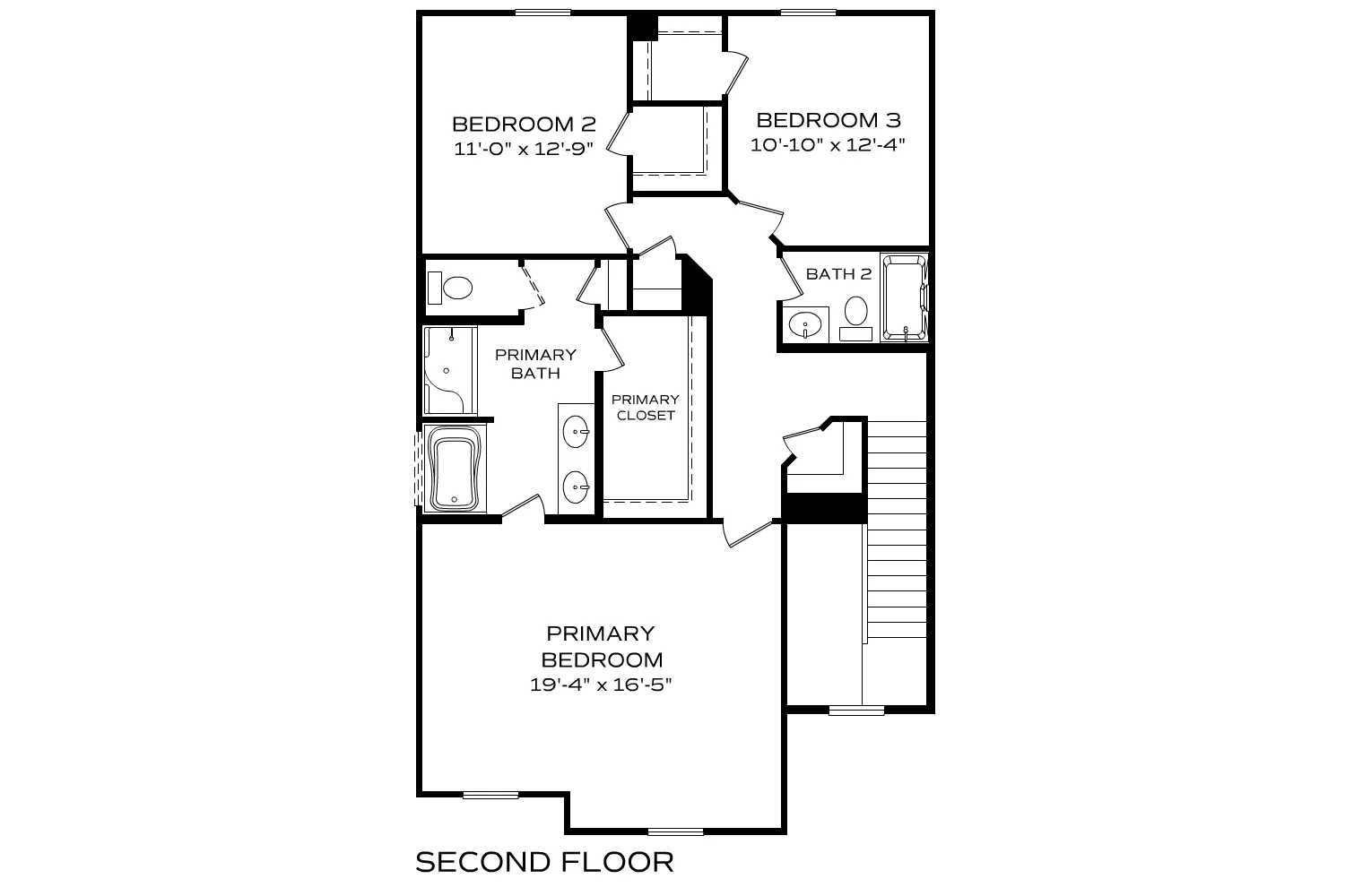 Second floor plan of The Bartlett showcasing primary suite, two bedrooms, baths, and closets in 1,940 sq ft design