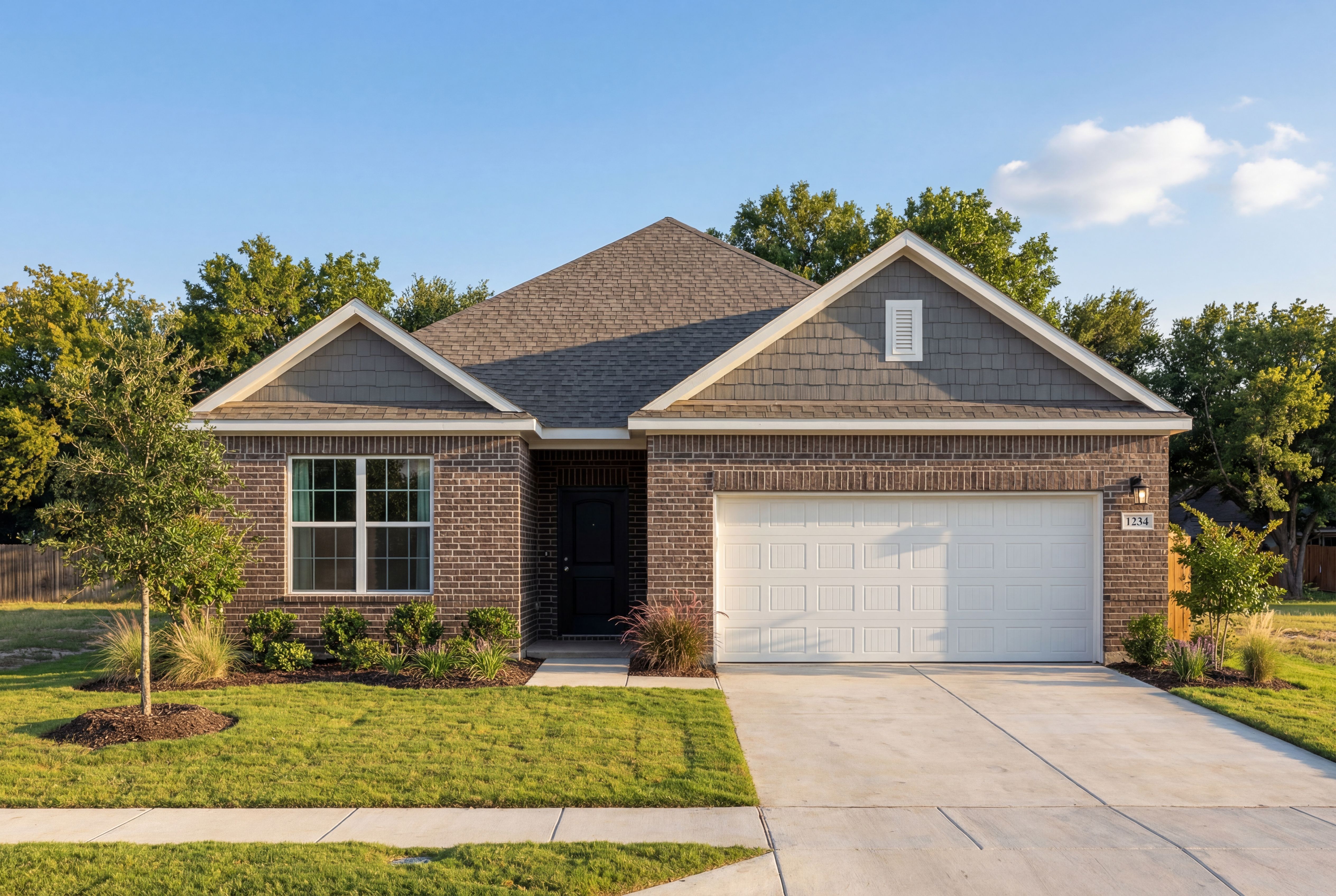 Modern brick and siding exterior of The Everett N 1-story home in Heartland Texas with 2-car garage and lush landscaped yard