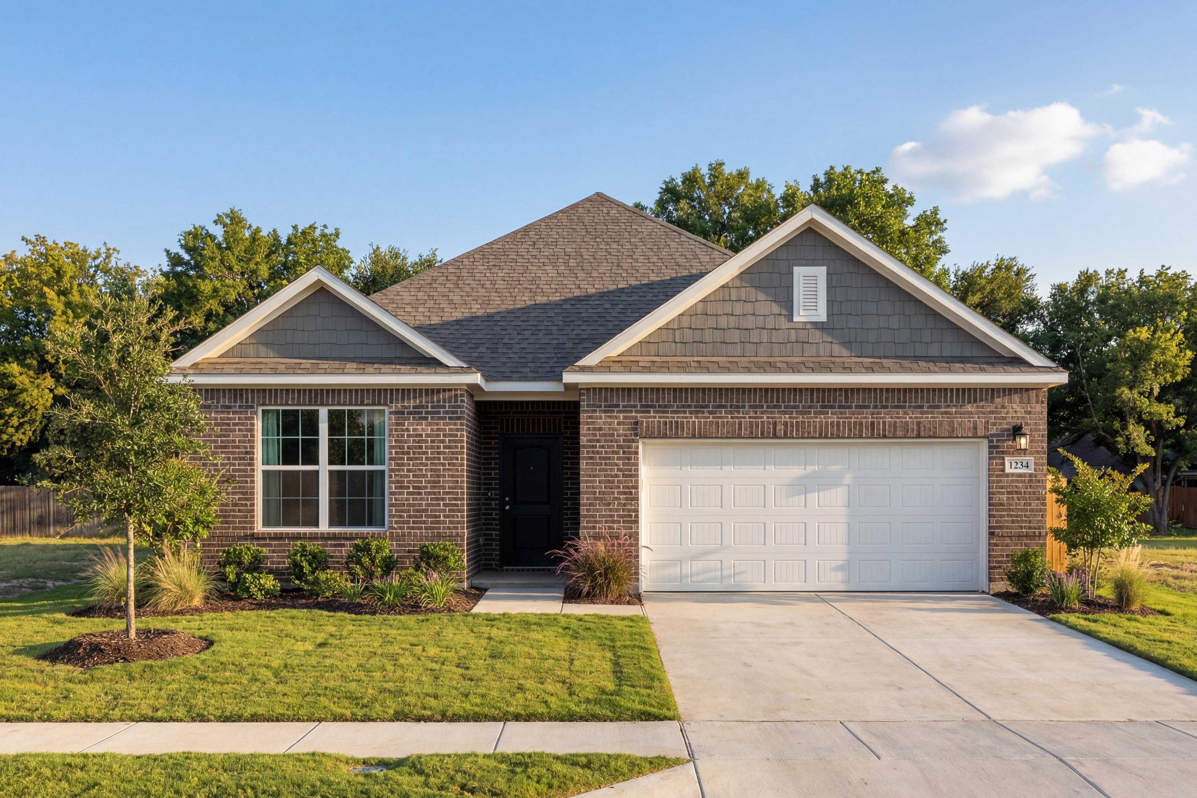 Modern brick and siding exterior of The Everett N 1-story home in Heartland Texas with 2-car garage and lush landscaped yard