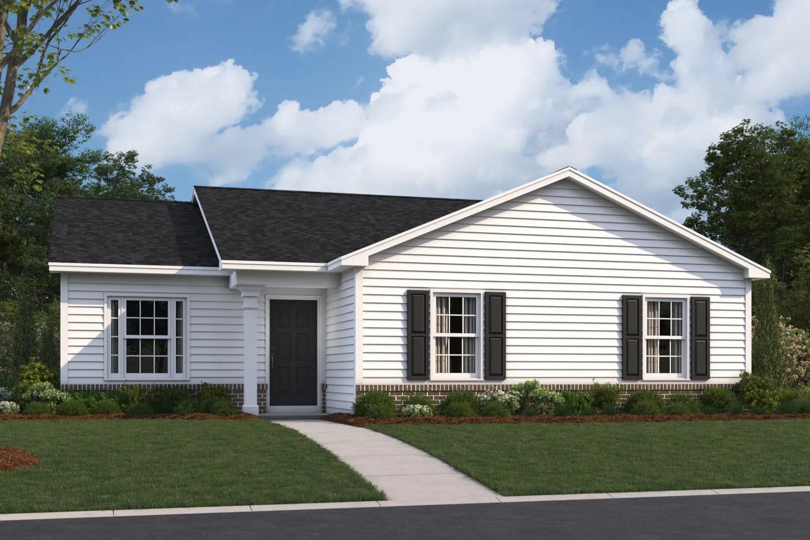 Charming single-story exterior of The Washington with white siding, black roof, shutters, and landscaped yard in Phenix City