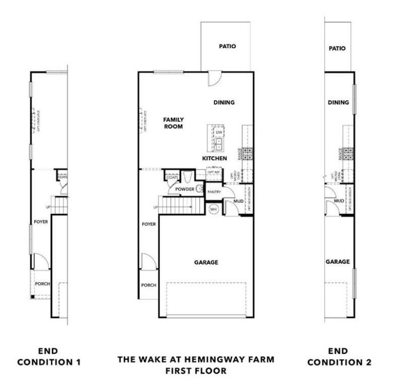 First floor plan of The Wake E at Hemingway Farm, Cumming GA: open kitchen, family room, dining, 2-car garage, patio options