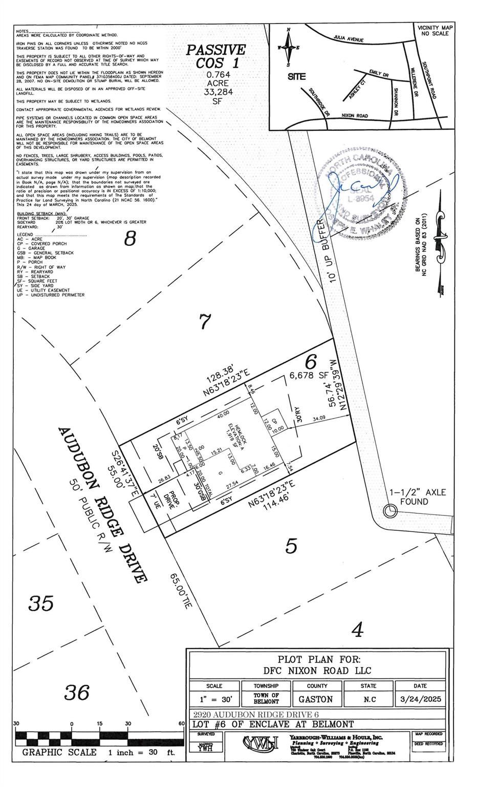 Site plan map of Enclave at Belmont lots, Belmont NC, with plot boundaries, Audubon Ridge Dr, and Davidson Homes Hemlock A outline