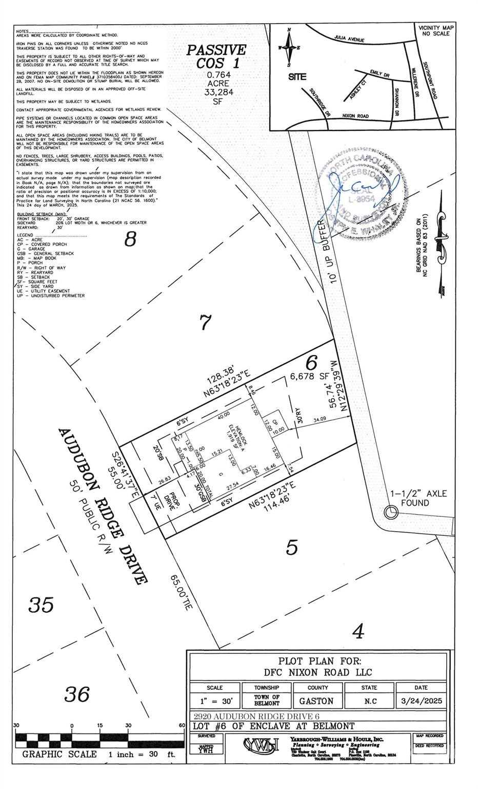 Site plan of Enclave at Belmont subdivision in Belmont, NC, showing plots, streets and lots for Davidson Homes The Hemlock A