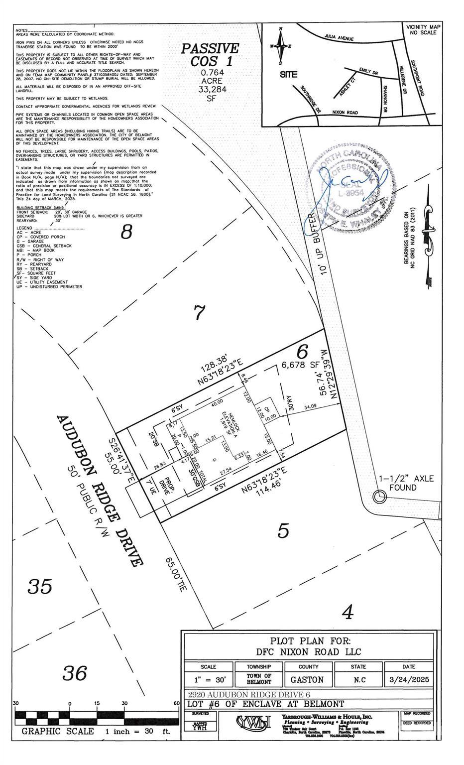 Site plan map of Enclave at Belmont lots, Belmont NC, with plot boundaries, Audubon Ridge Dr, and Davidson Homes Hemlock A outline