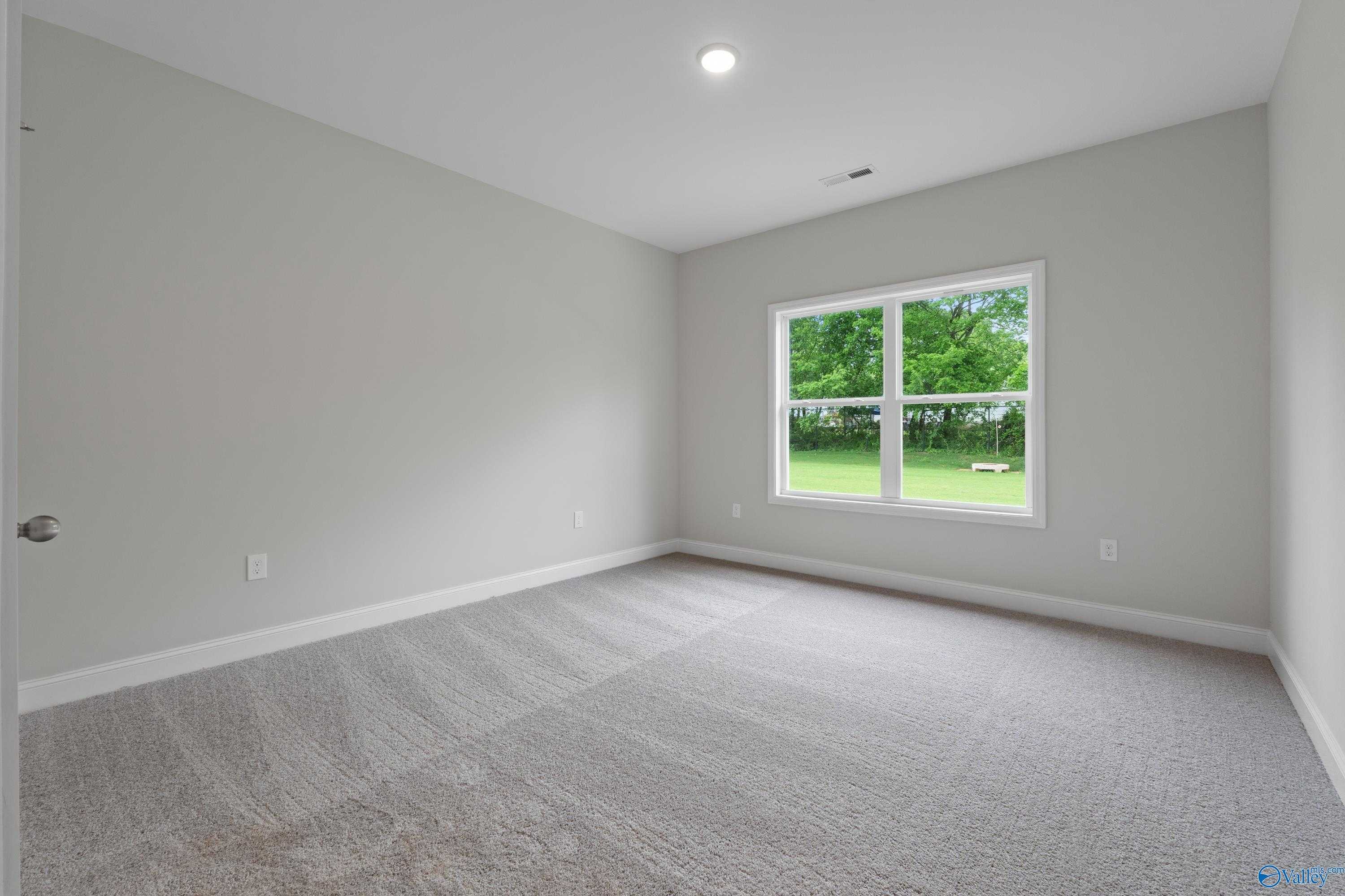 Bright secondary bedroom with gray walls, carpet flooring, and window view of lush green yard in Davidson Homes The Asheville C, Huntsville