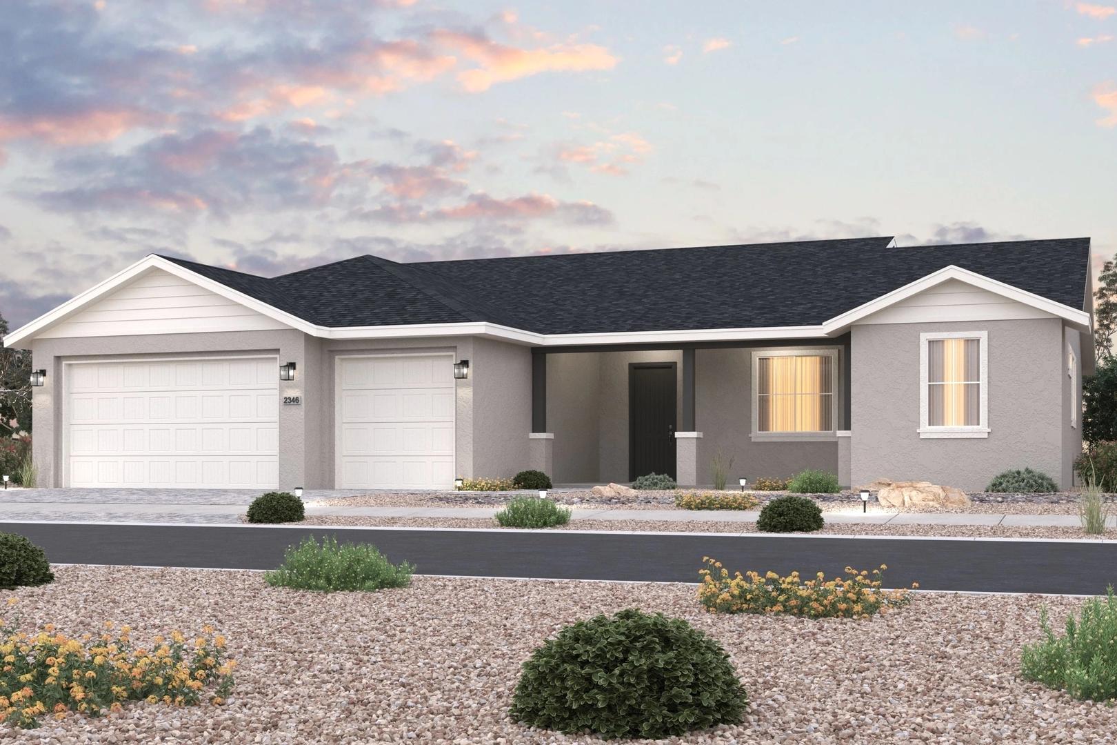 Exterior elevation of The Monarch single-story home featuring 3-car garage, gray siding, and Prescott Valley desert landscaping