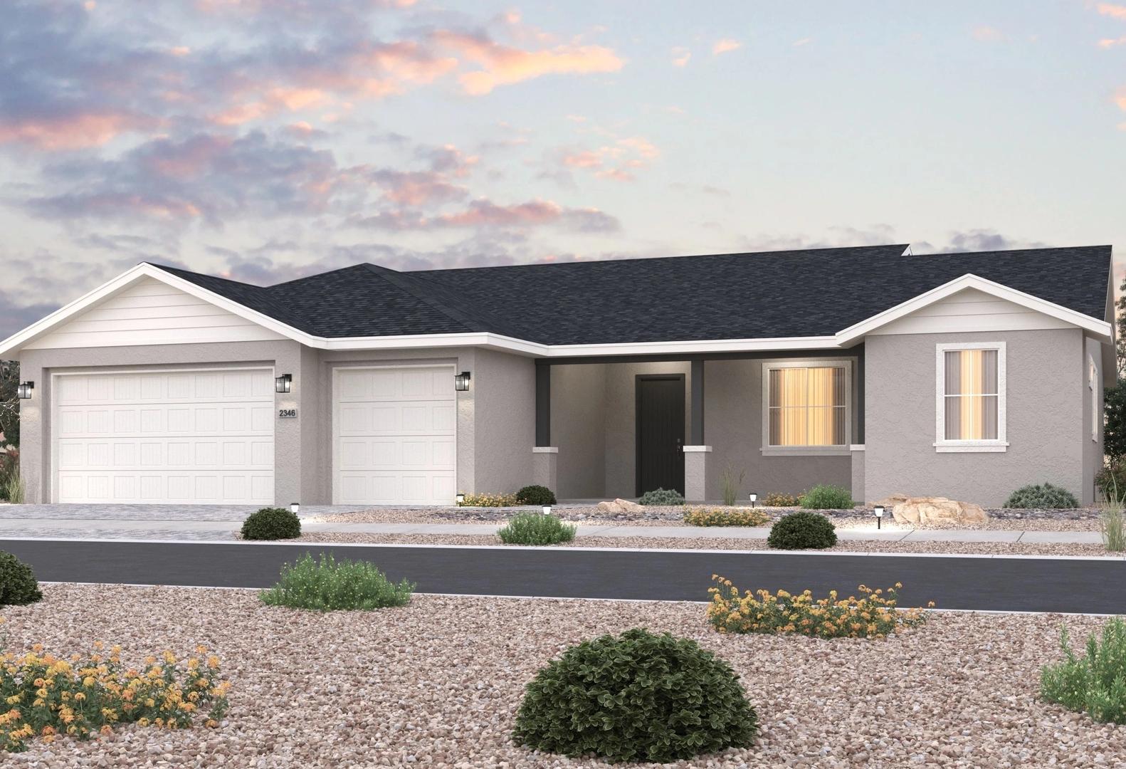 Exterior elevation of The Monarch single-story home featuring 3-car garage, gray siding, and Prescott Valley desert landscaping