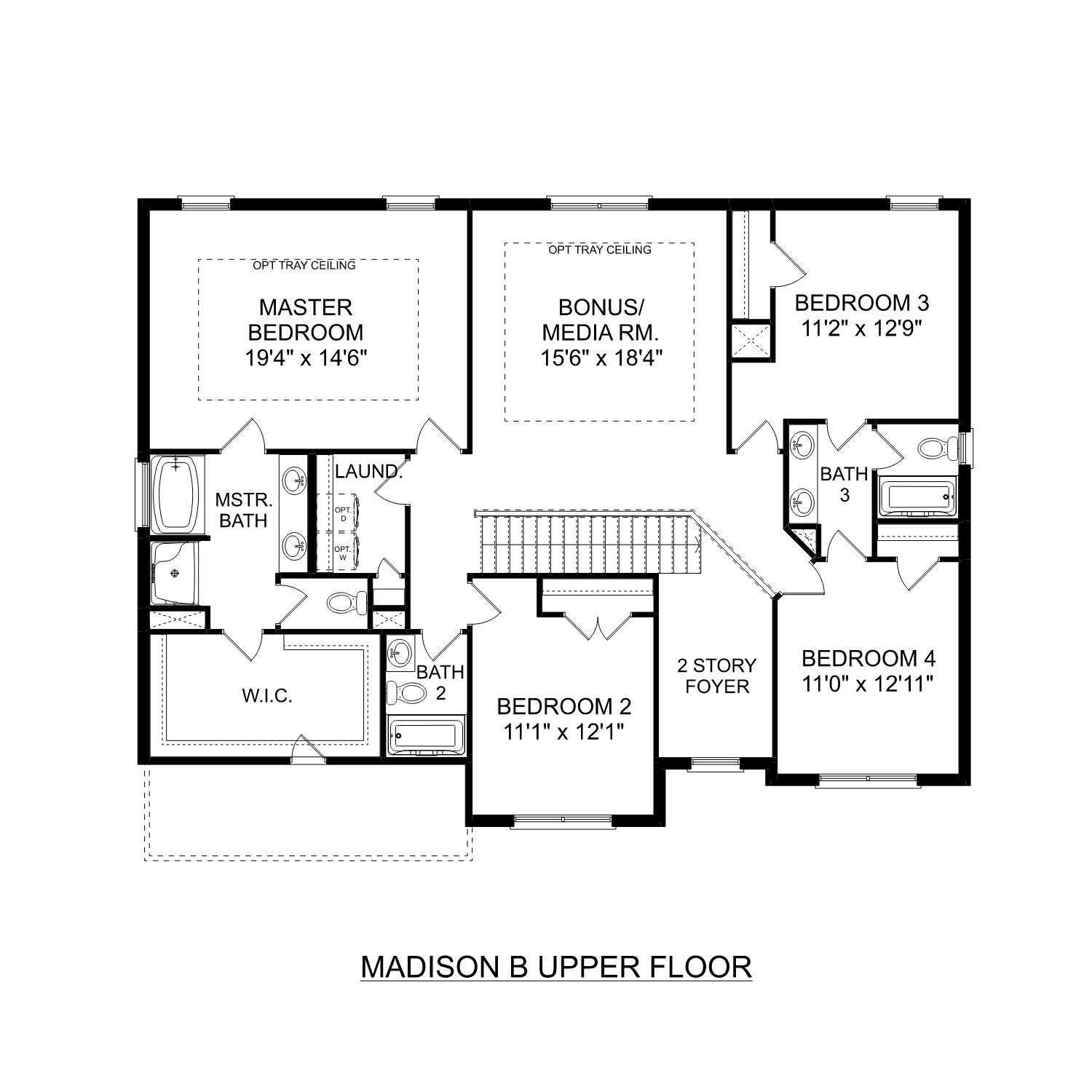 Upper floor plan of Madison B 2-story home with 19x14 master suite, 15x18 bonus room, bedroom 3, baths, laundry