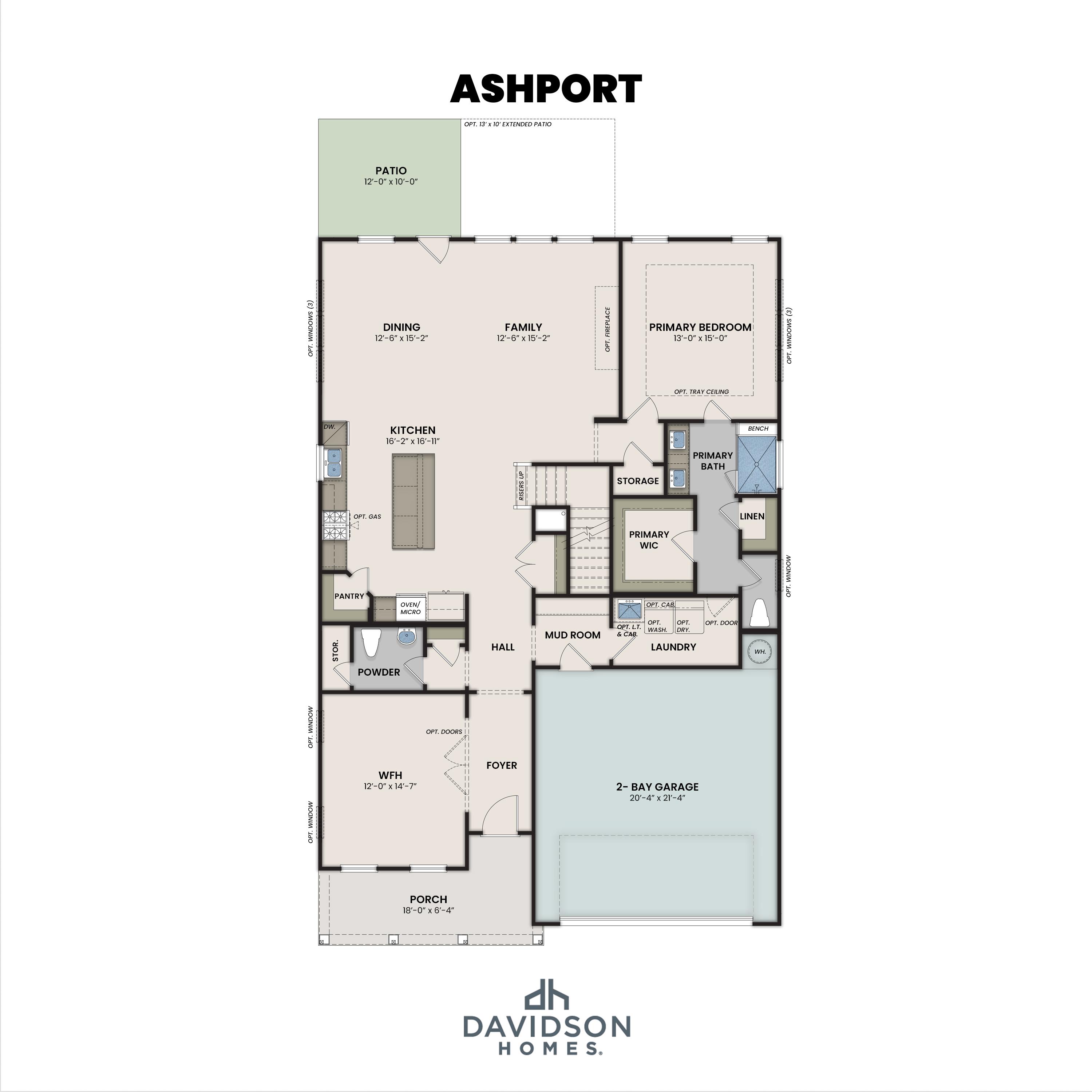 First-floor layout of The Ashport by Davidson Homes featuring a master suite and open-concept living area.