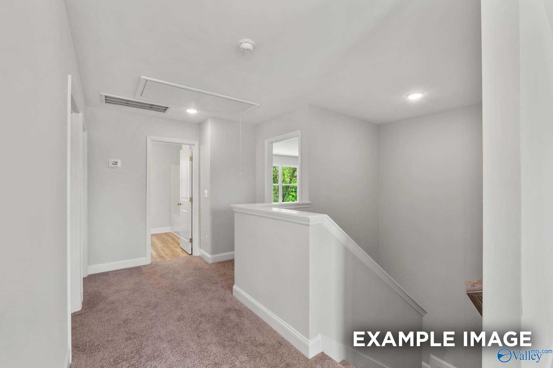 Upstairs hallway with beige carpet, white staircase railing, and bathroom door in The Shelby C 4-bedroom home, Meridianville, Alabama