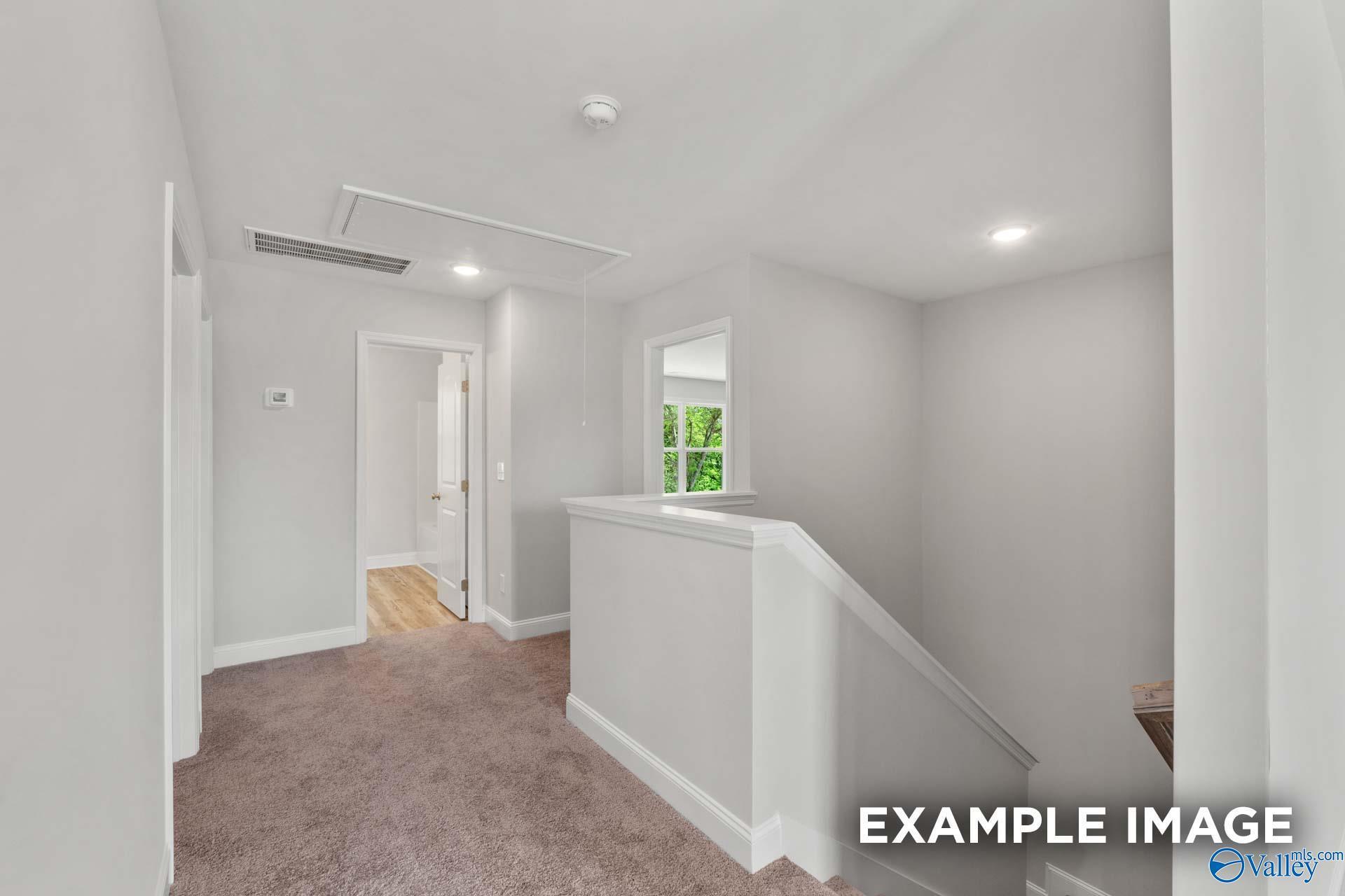 Upstairs hallway with beige carpet, white staircase railing, and bathroom door in The Shelby C 4-bedroom home, Meridianville, Alabama
