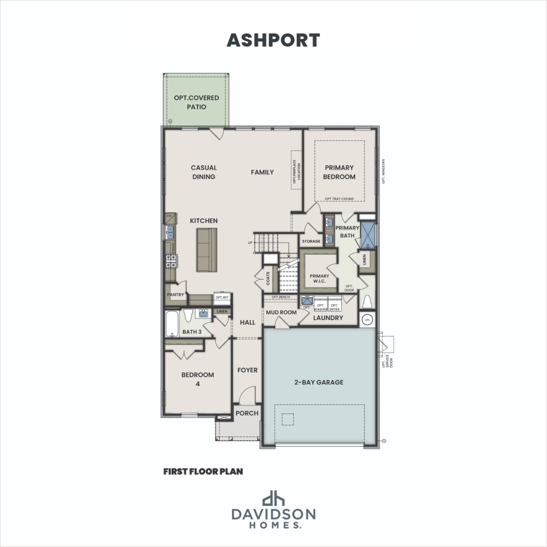 First floor plan of The Ashport showcasing open kitchen, family room, primary suite, laundry, and 2-car garage by Davidson Homes