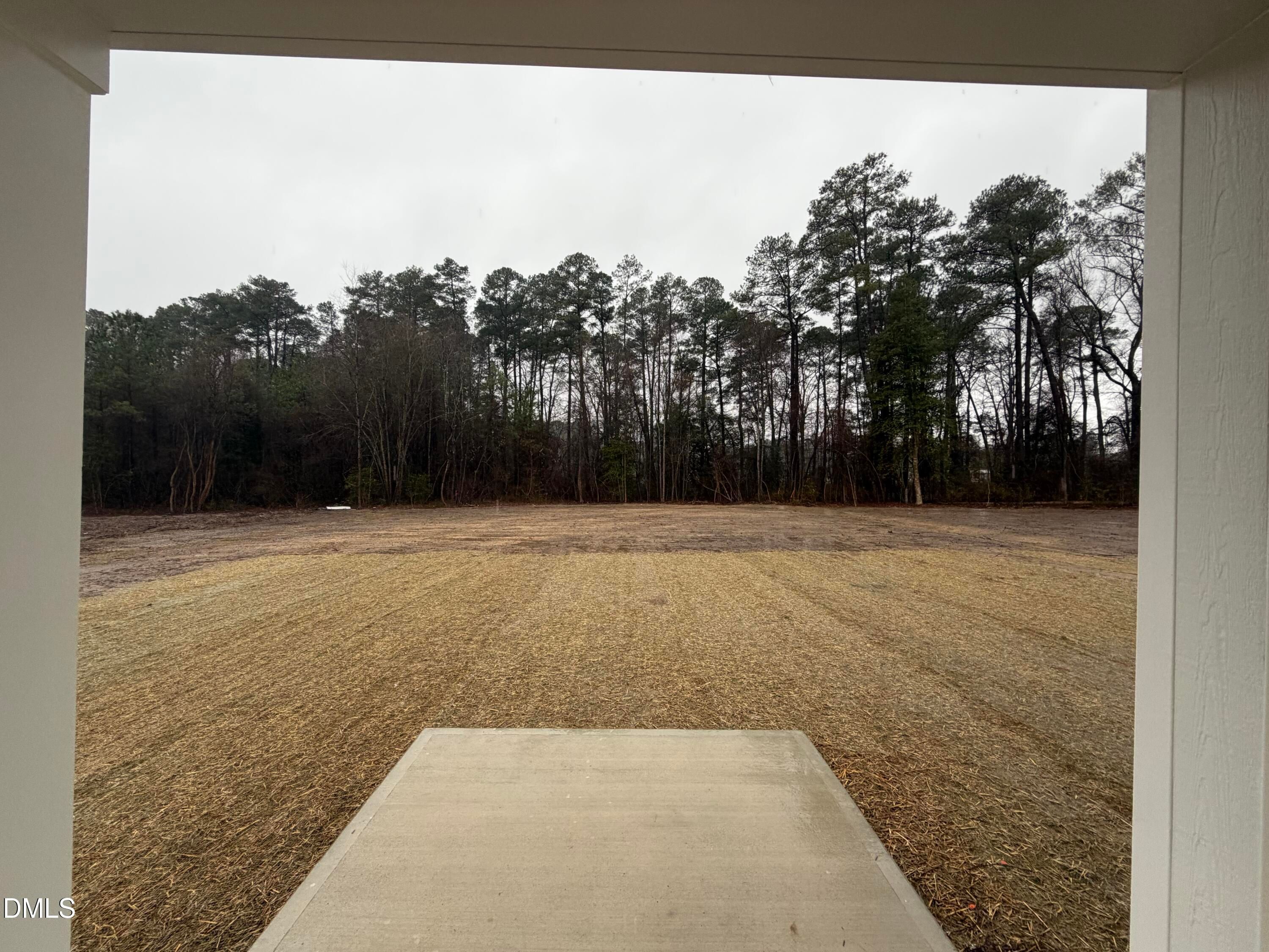 Expansive cleared lot with pine trees and overcast sky from front entry of 3-bedroom Davidson Homes The Daphne C in Wellers Knoll, Lillington, NC