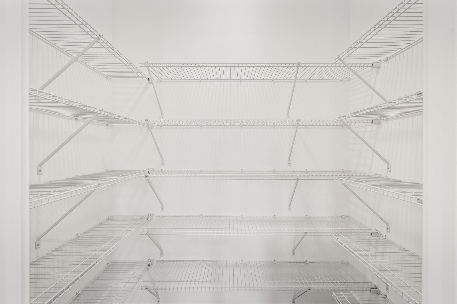 Spacious walk-in pantry with white wire shelving in The Willow D floor plan at Benders Cove, Mt. Juliet, Tennessee.