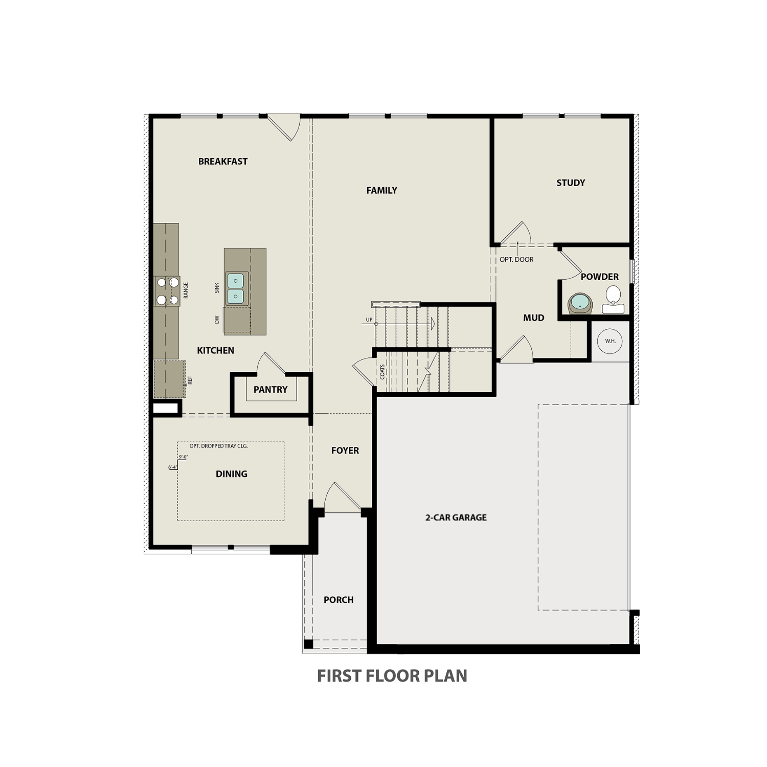 First floor layout of The Willow C Side-Entry featuring an open-concept kitchen, family room, study, and 2-car garage.