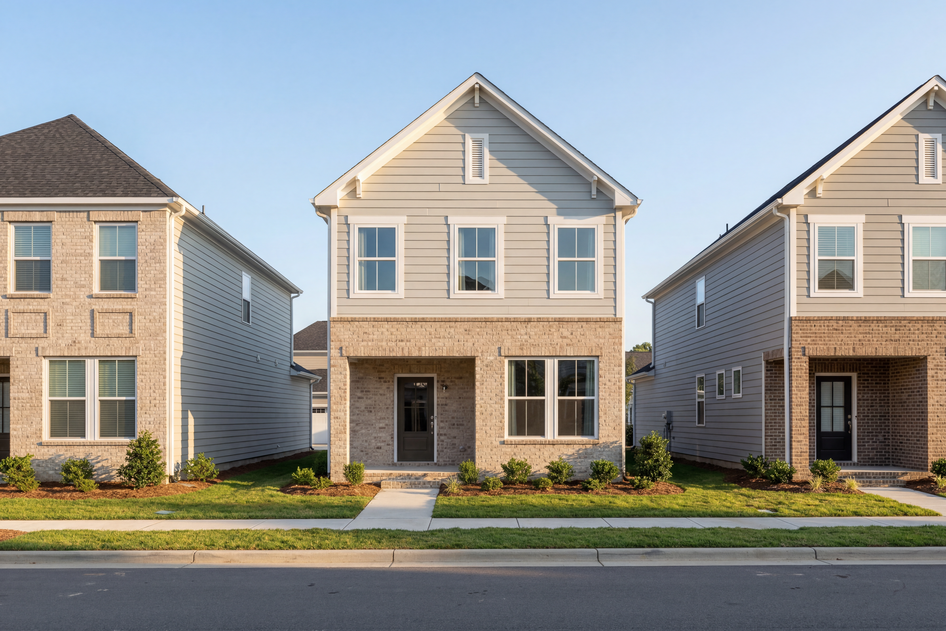 Three two-story The Burke homes by Davidson Homes in Knightdale, NC, with gray siding, brick accents, garages, and manicured lawns