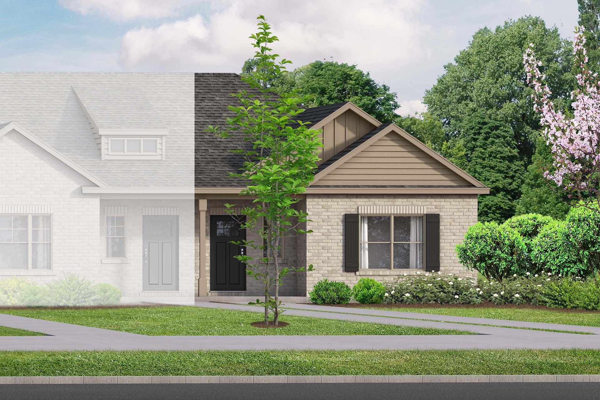 Single-story The Camilla D home exterior by Davidson Homes featuring beige brick siding, gabled roof, shutters, and landscaped yard in Hartselle, AL
