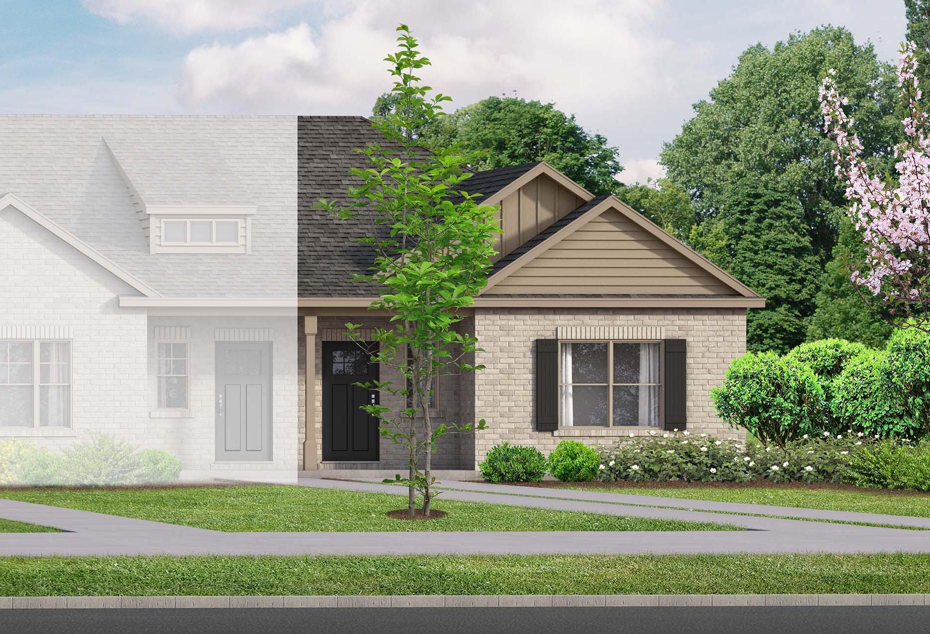 Single-story The Camilla D home exterior by Davidson Homes featuring beige brick siding, gabled roof, shutters, and landscaped yard in Hartselle, AL
