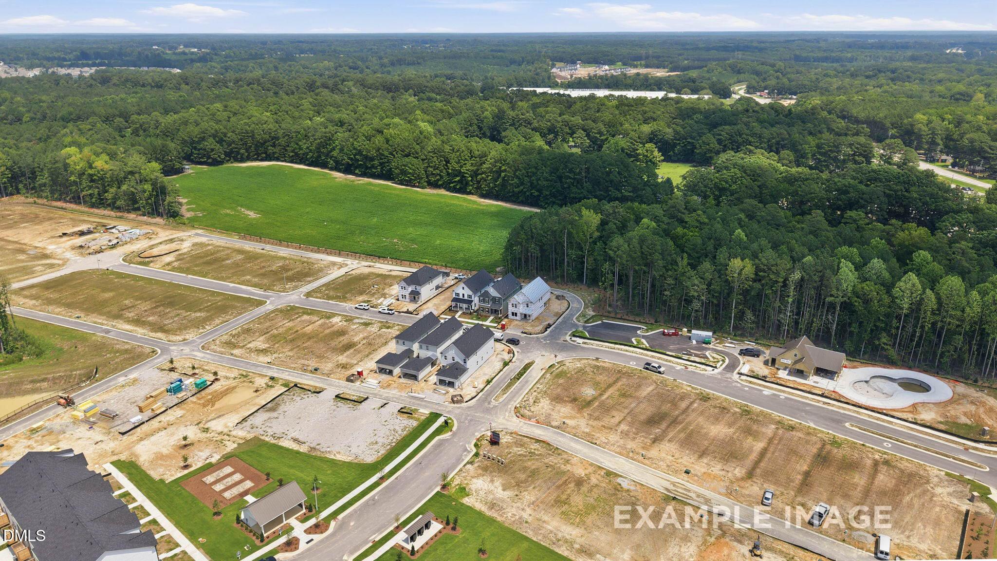 Aerial view of new construction homes at Forestville Yard, Knightdale, North Carolina featuring The Jordan C floor plan.