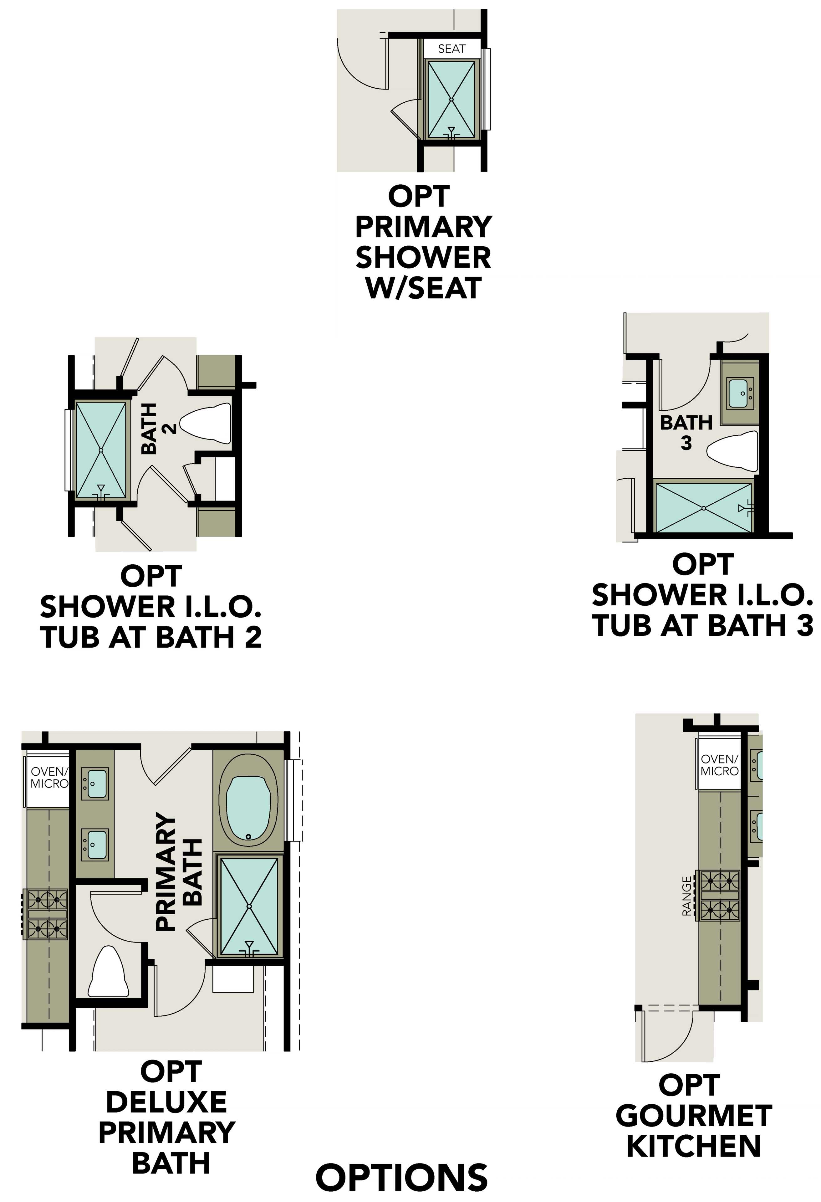 The Acadia B floor plan options: primary bath with shower seat and tub, secondary baths, gourmet kitchen by Davidson Homes