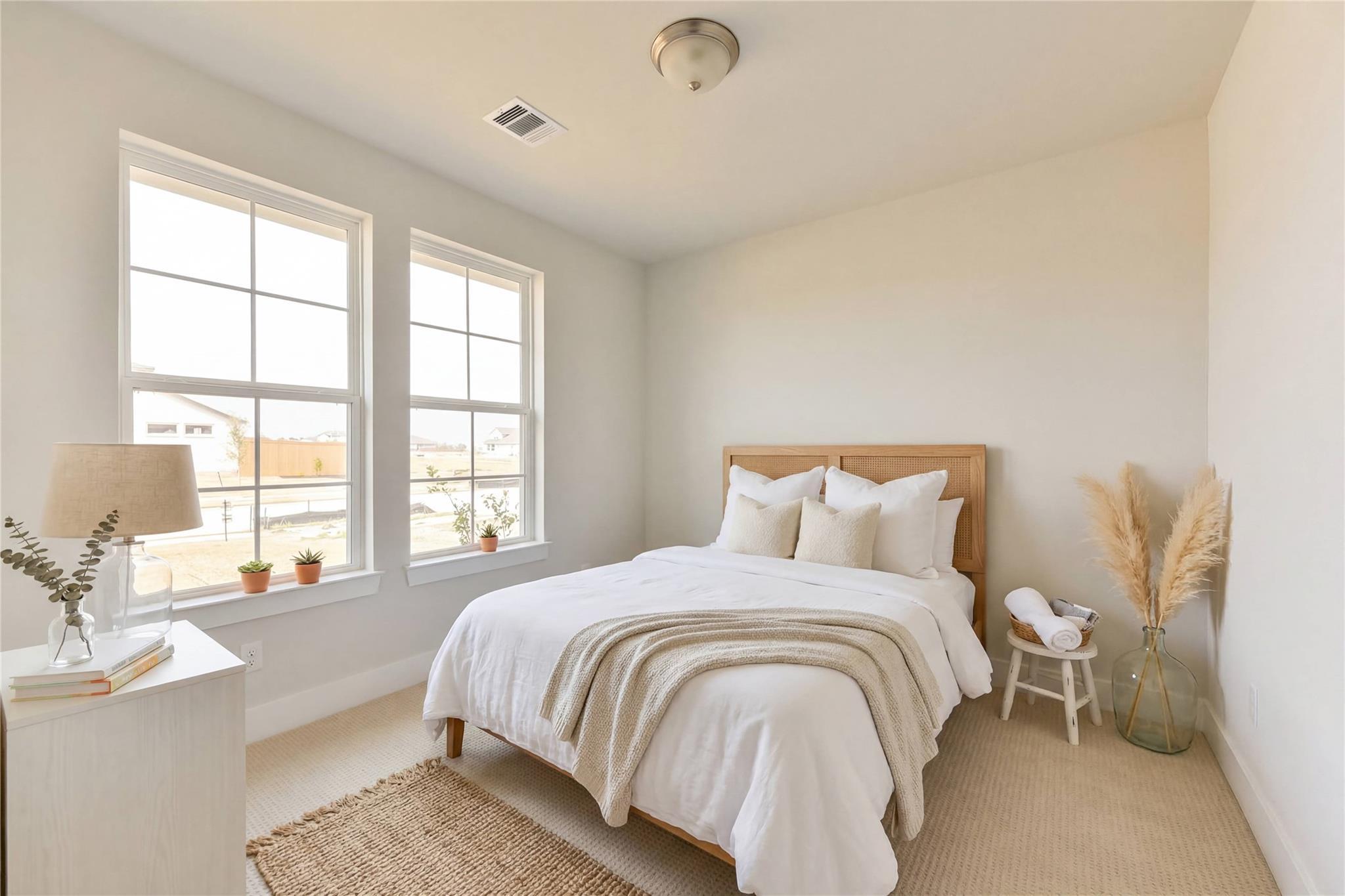 Cozy neutral-toned bedroom with white bed, beige throw pillows, pampas grass, large windows in Davidson Homes The Edward A, Texas City