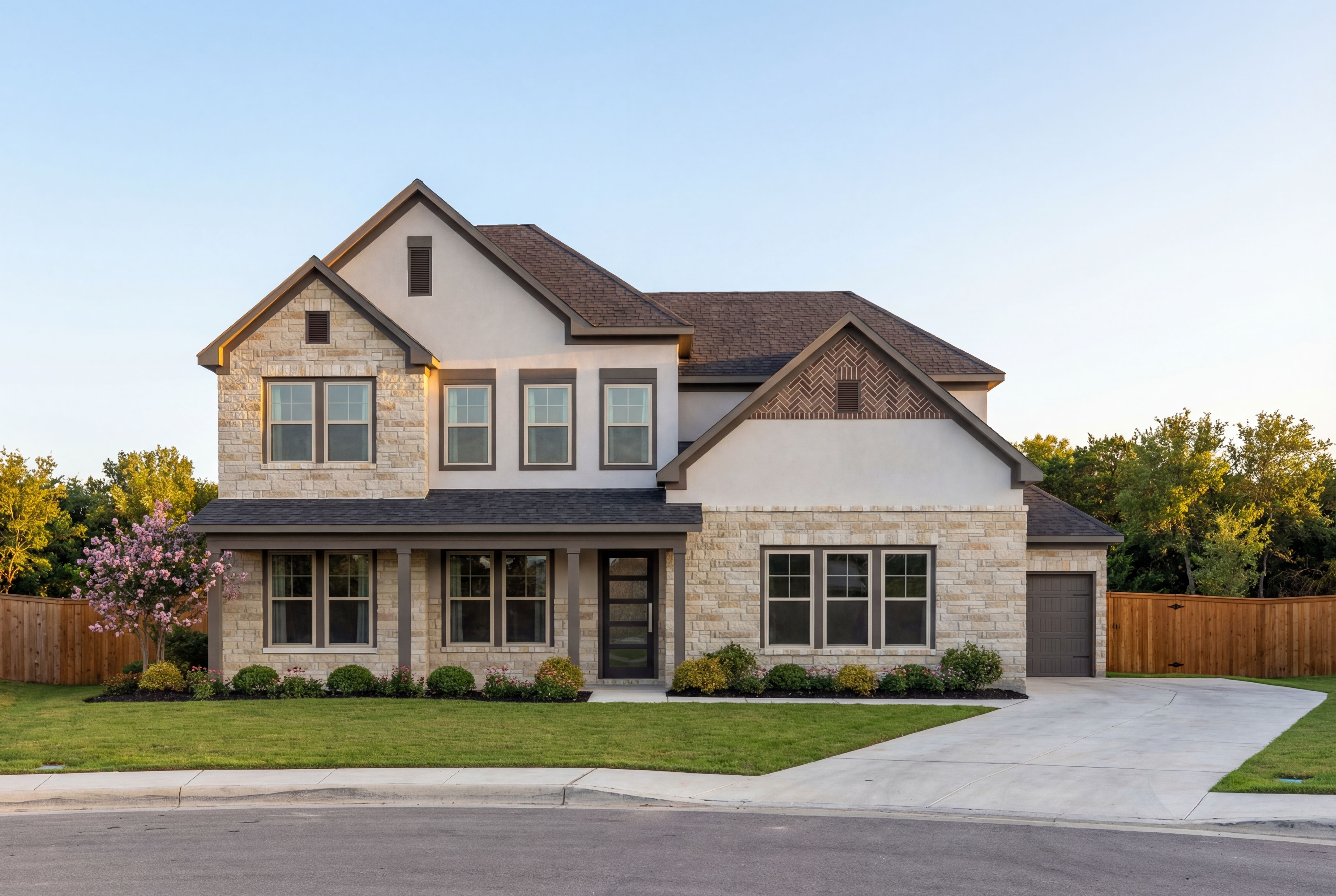 Two-story Belmont J home elevation with stone siding, 3-car garage, and landscaped yard in Castroville Texas