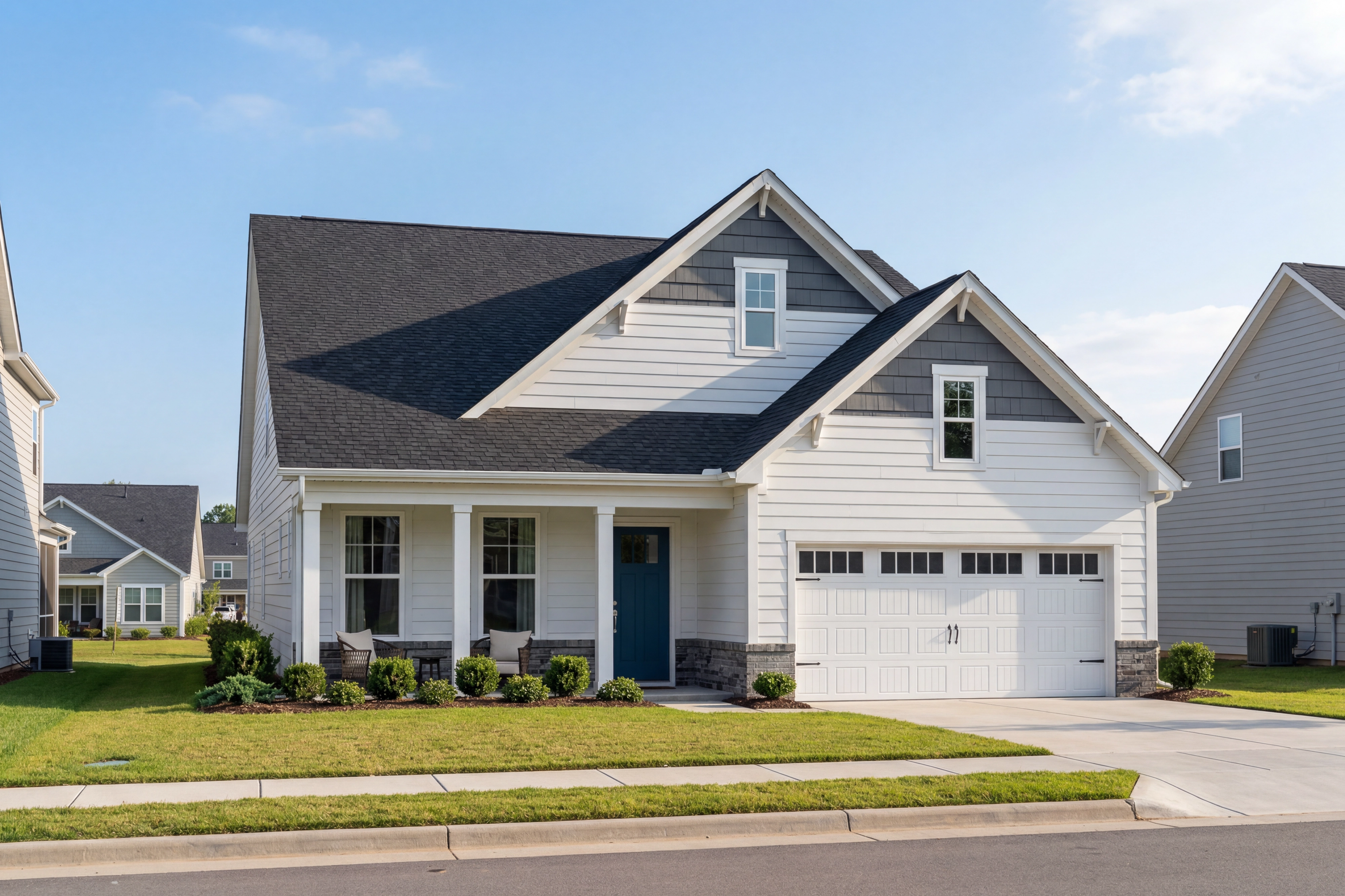 Two-story The Birch II A craftsman home by Davidson Homes featuring white siding, gabled black roof, covered porch, blue door, two-car garage, and landscaped yard in Aberdeen NC