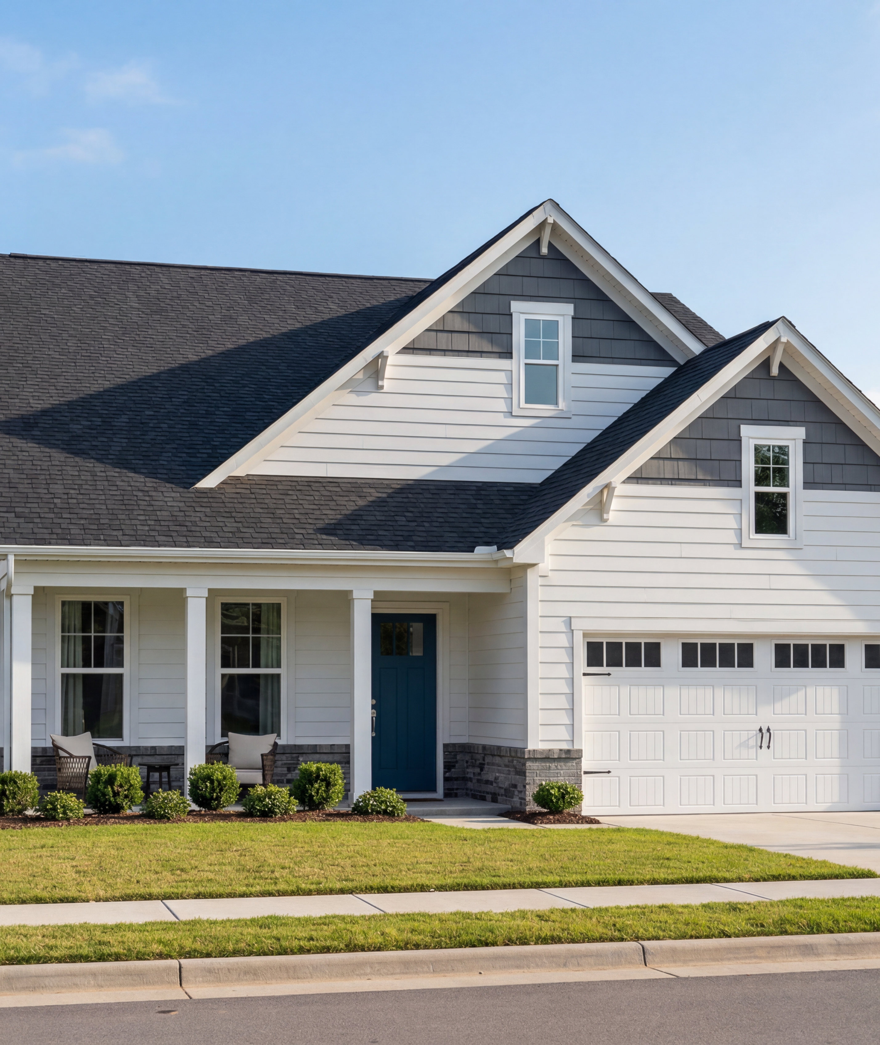 Modern home exterior at Montrose in Aberdeen, NC by Davidson Homes featuring white siding and a blue front door.