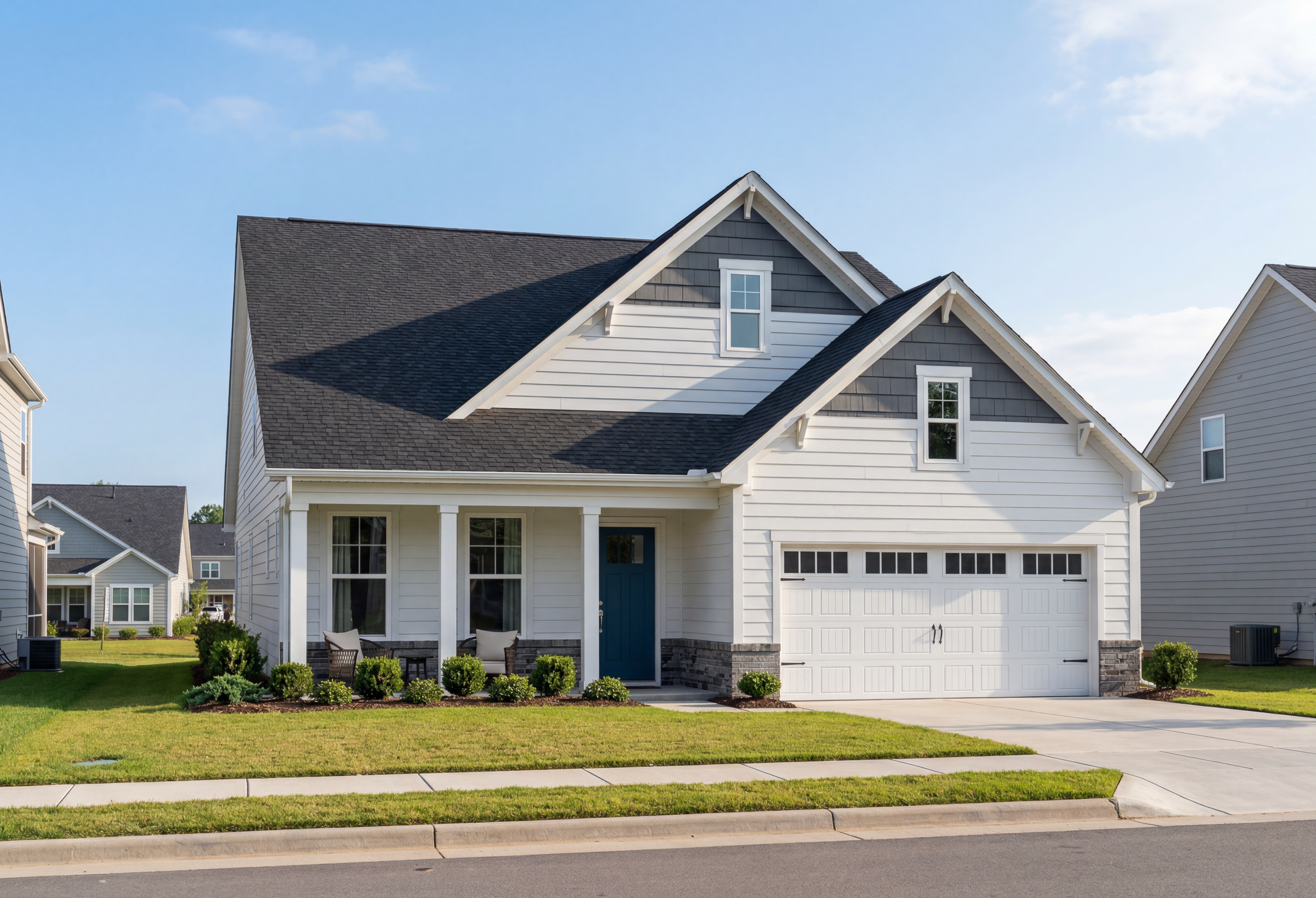 Two-story The Birch II A craftsman home by Davidson Homes featuring white siding, gabled black roof, covered porch, blue door, two-car garage, and landscaped yard in Aberdeen NC