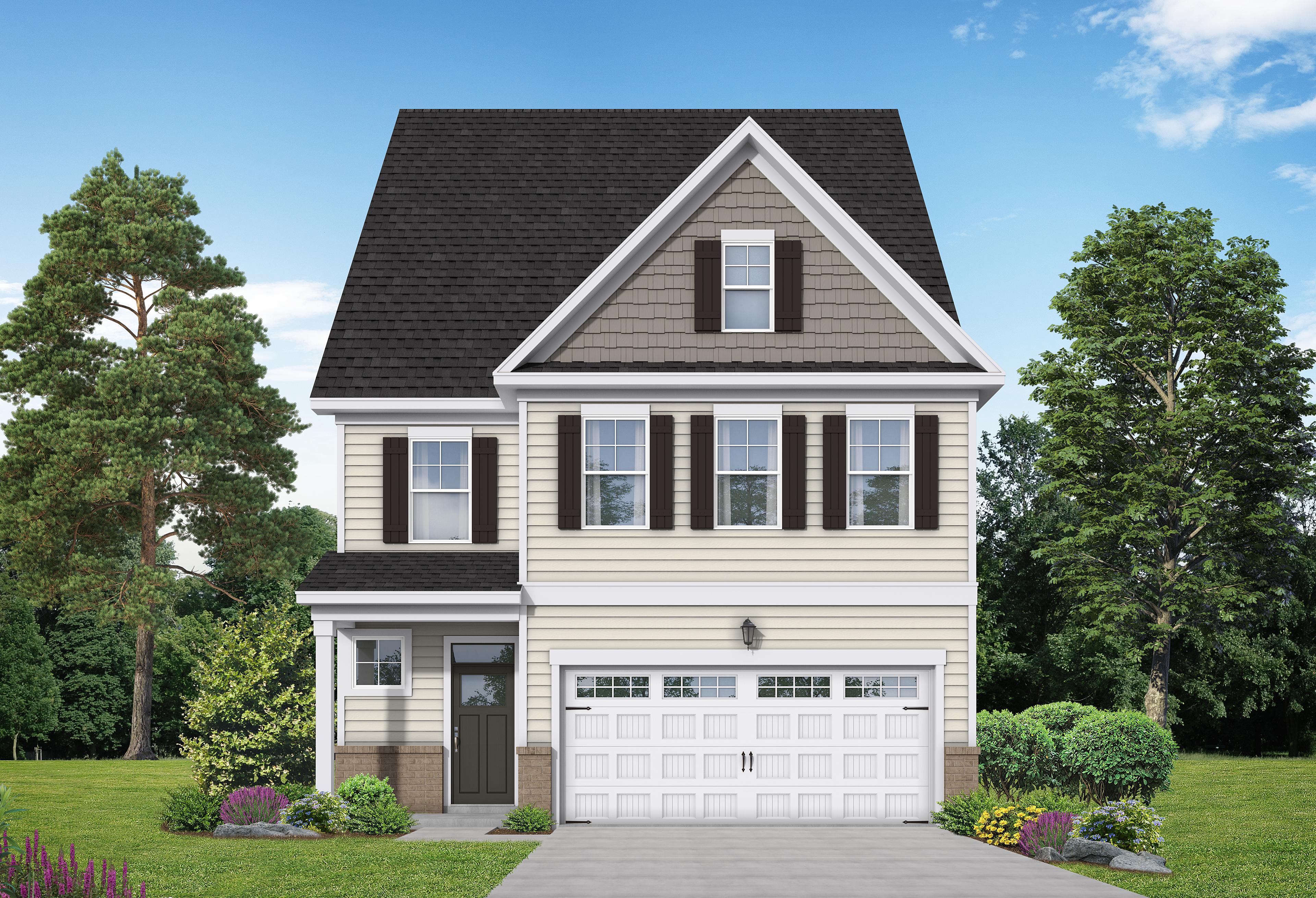 Two-story Gavin A home exterior with beige siding, black shutters, gabled roof, and two-car garage amid landscaped yard in Lillington NC