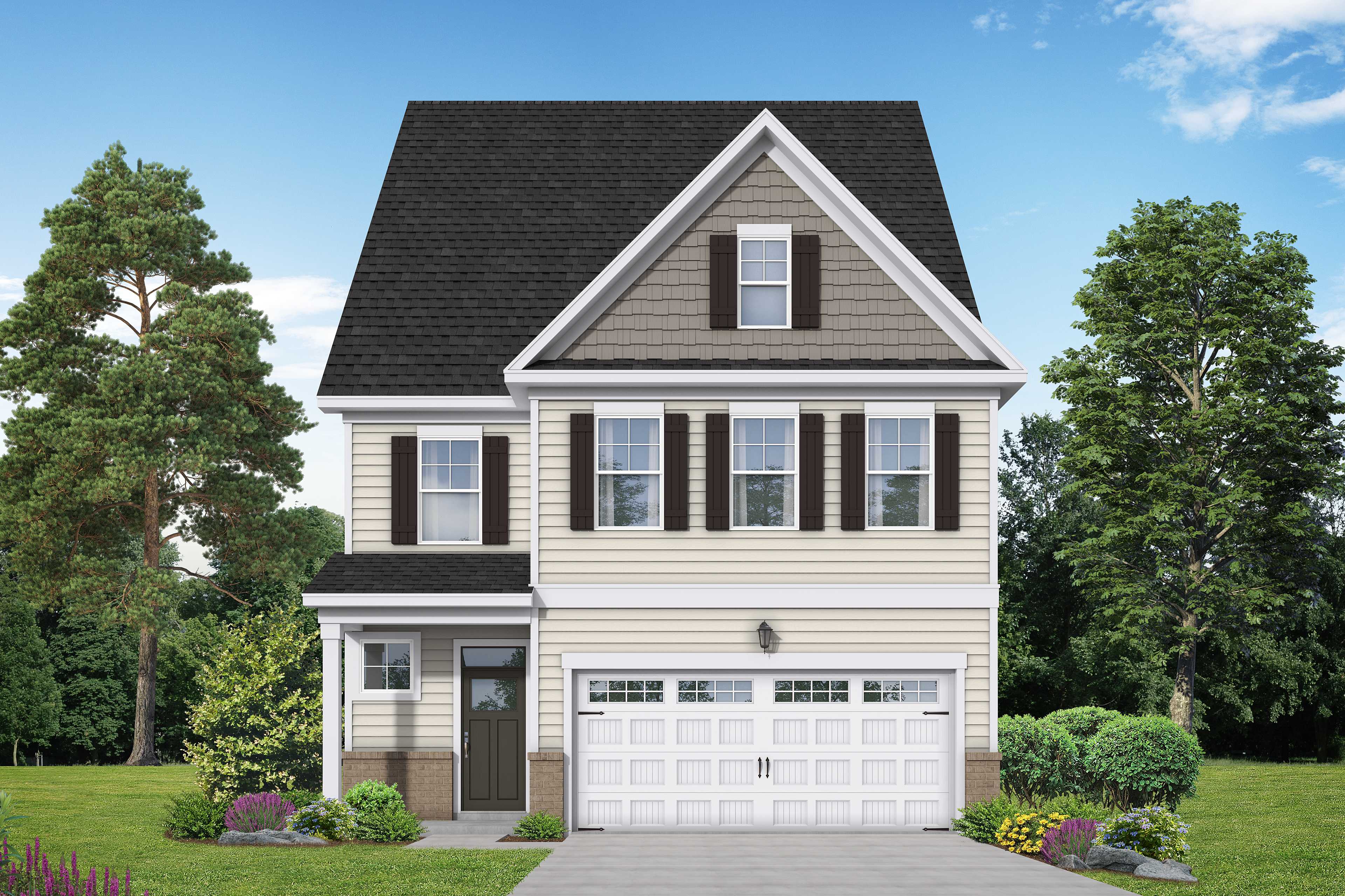 Two-story Gavin A home exterior with beige siding, black shutters, gabled roof, and two-car garage amid landscaped yard in Lillington NC