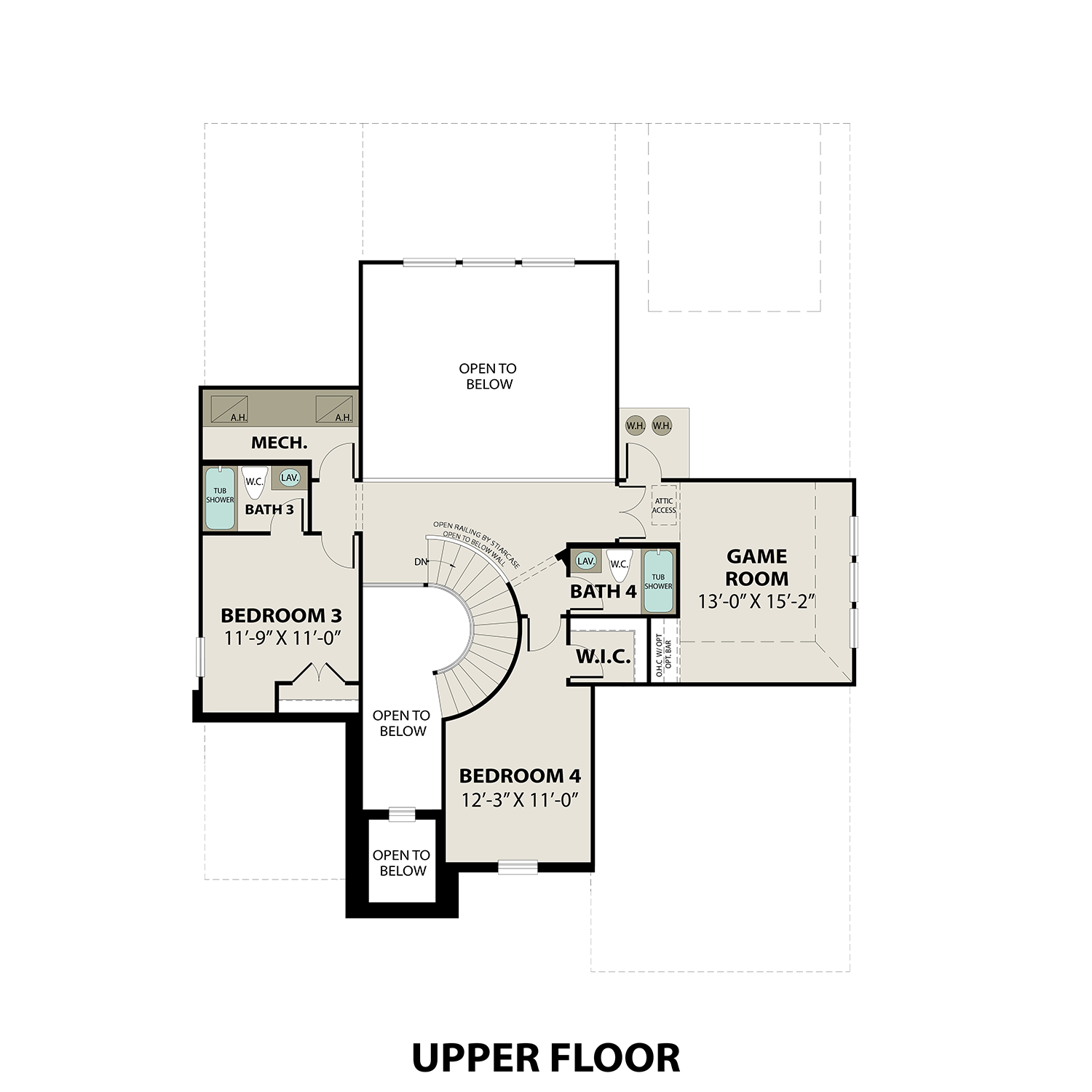 Second floor plan of The Victoria C showcasing Bedroom 3, Bedroom 4, game room, curved staircase, and baths