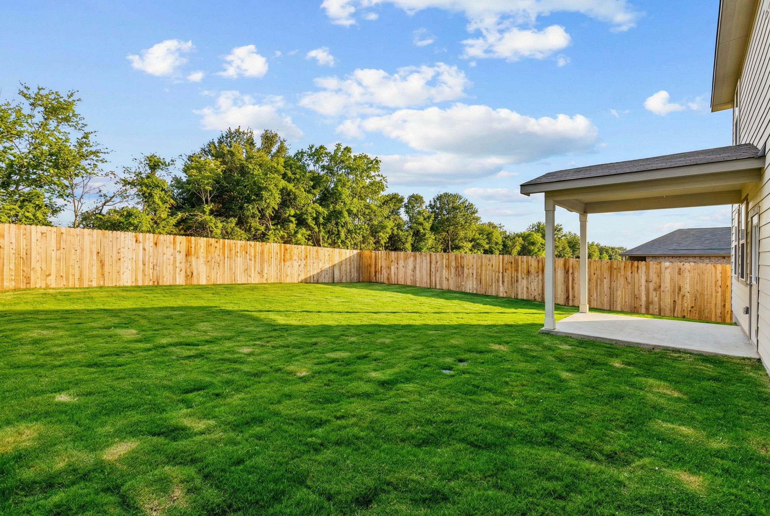 Private fenced backyard with lush green lawn and covered patio in Davidson Homes The Douglas F, Royal Crest, San Antonio, Texas