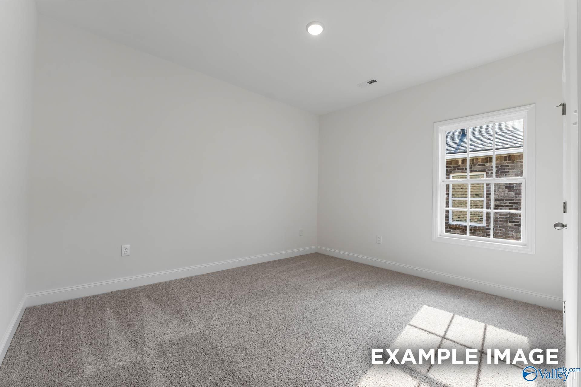 Bright empty bedroom with white walls, beige carpet, large window and natural light in Davidson Homes The Daphne V, Athens, Alabama
