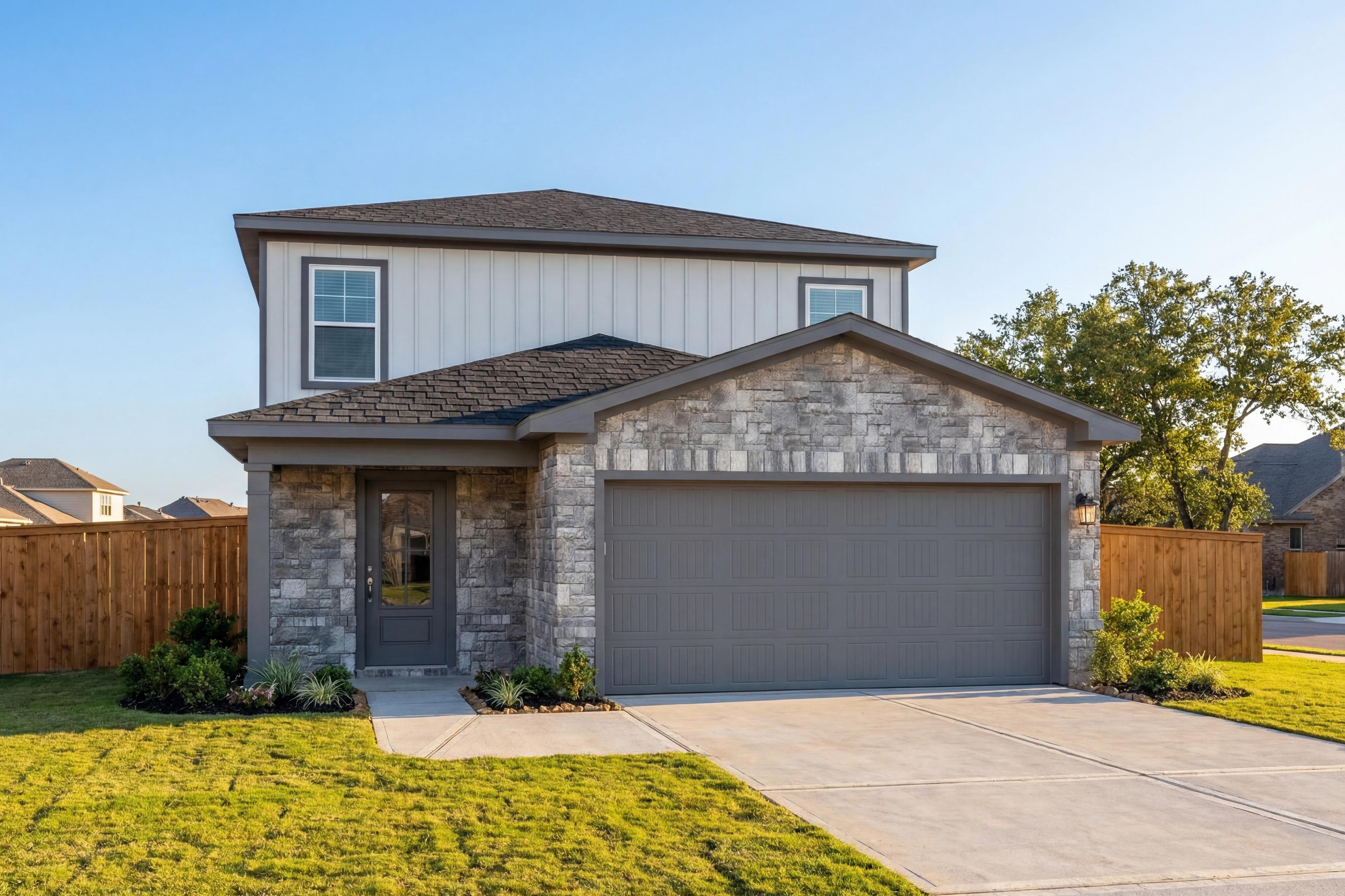 Modern two-story San Marcos home elevation with stone accents, gray siding, two-car garage, and landscaped front yard in Magnolia Texas