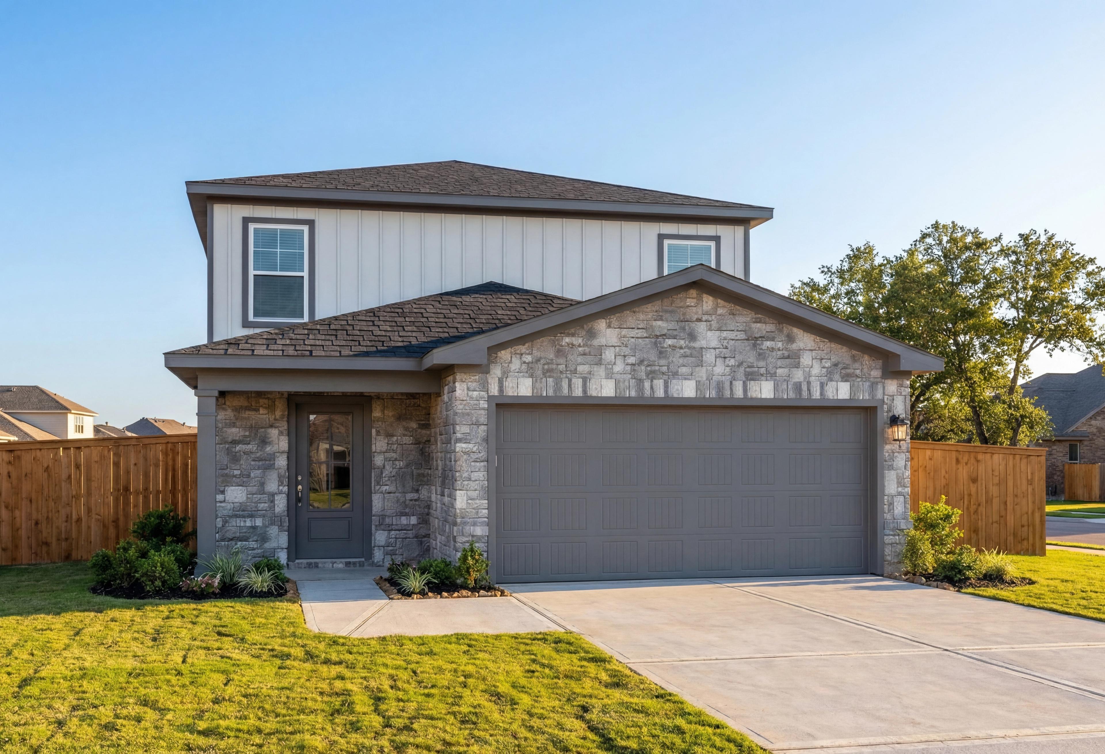 Modern two-story San Marcos home elevation with stone accents, gray siding, two-car garage, and landscaped front yard in Magnolia Texas