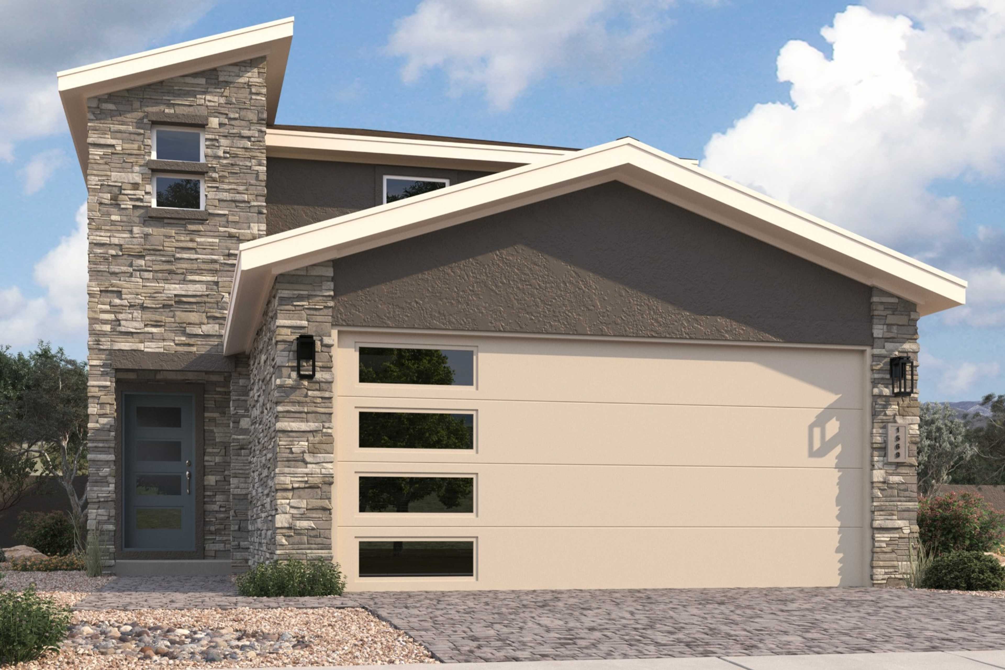 Modern two-story elevation of The Raleigh C featuring stone accents, large windows, and 2-car garage in Prescott Arizona desert setting