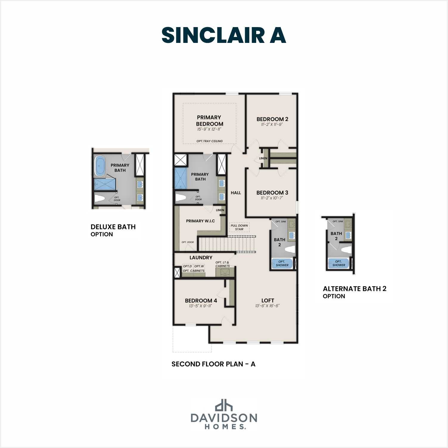 Second floor plan of Sinclair A showcasing primary suite, bedrooms 2-4, loft, laundry, and bath options by Davidson Homes