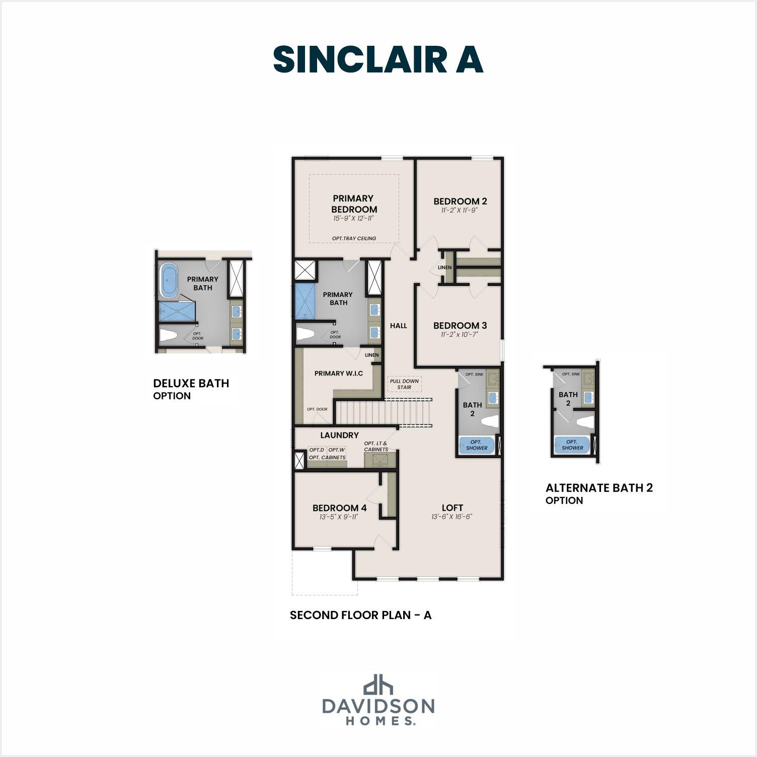 Second floor plan of Sinclair A showcasing primary suite, bedrooms 2-4, loft, laundry, and bath options by Davidson Homes